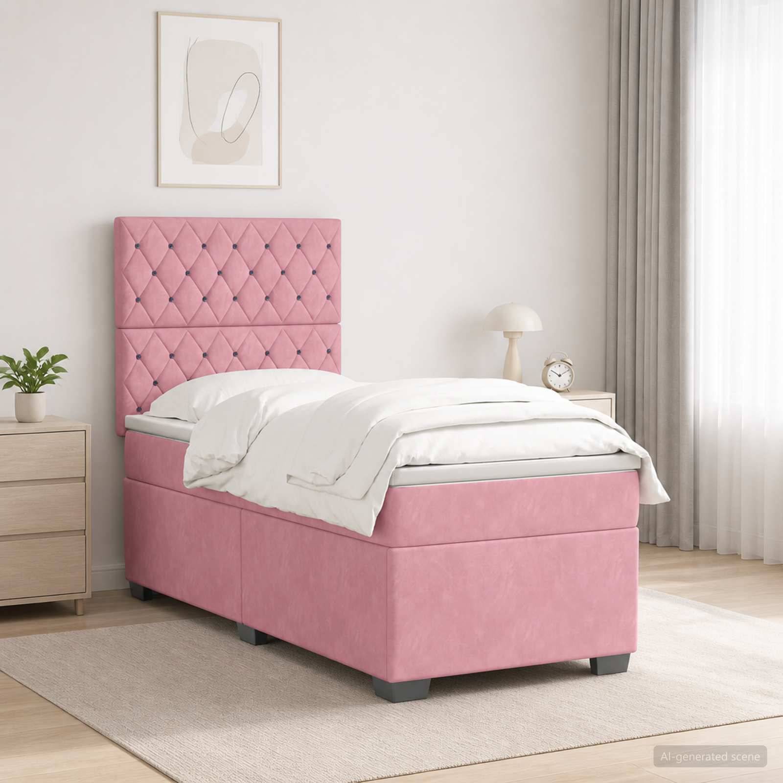 Rosiges, gepolstertes Einzelbett mit gestepptem Kopfteil in einem hellen, minimalistischen Schlafzimmer, ausgestattet mit weißer Bettwäsche, Nachttisch und Lampe.