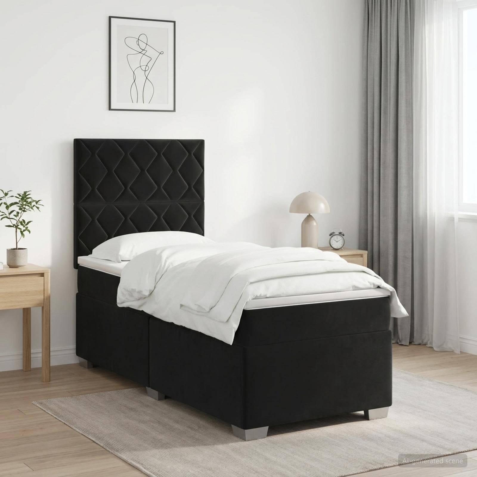 Ein ordentlich gemachtes Einzelbett mit schwarzem gepolstertem Kopfteil steht in einem hellen, minimalistischen Schlafzimmer mit Nachttischen, Lampe, Pflanze und Bilderrahmen an der Wand.