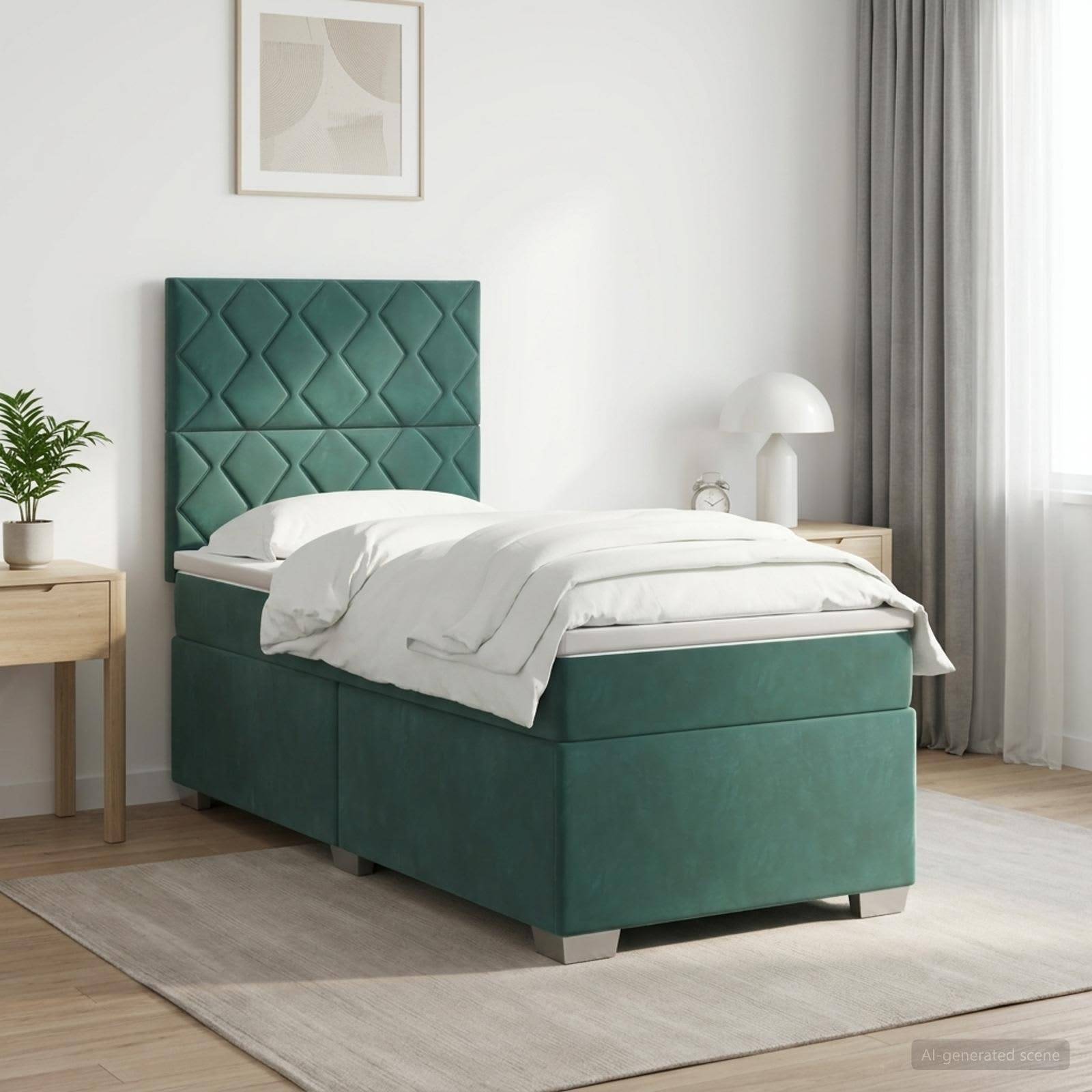 Modernes Schlafzimmer mit einem türkisfarbenen gepolsterten Einzelbett, weißer Bettwäsche, Nachttischen, Lampe, Vorhang und gerahmtem Wandkunstwerk.