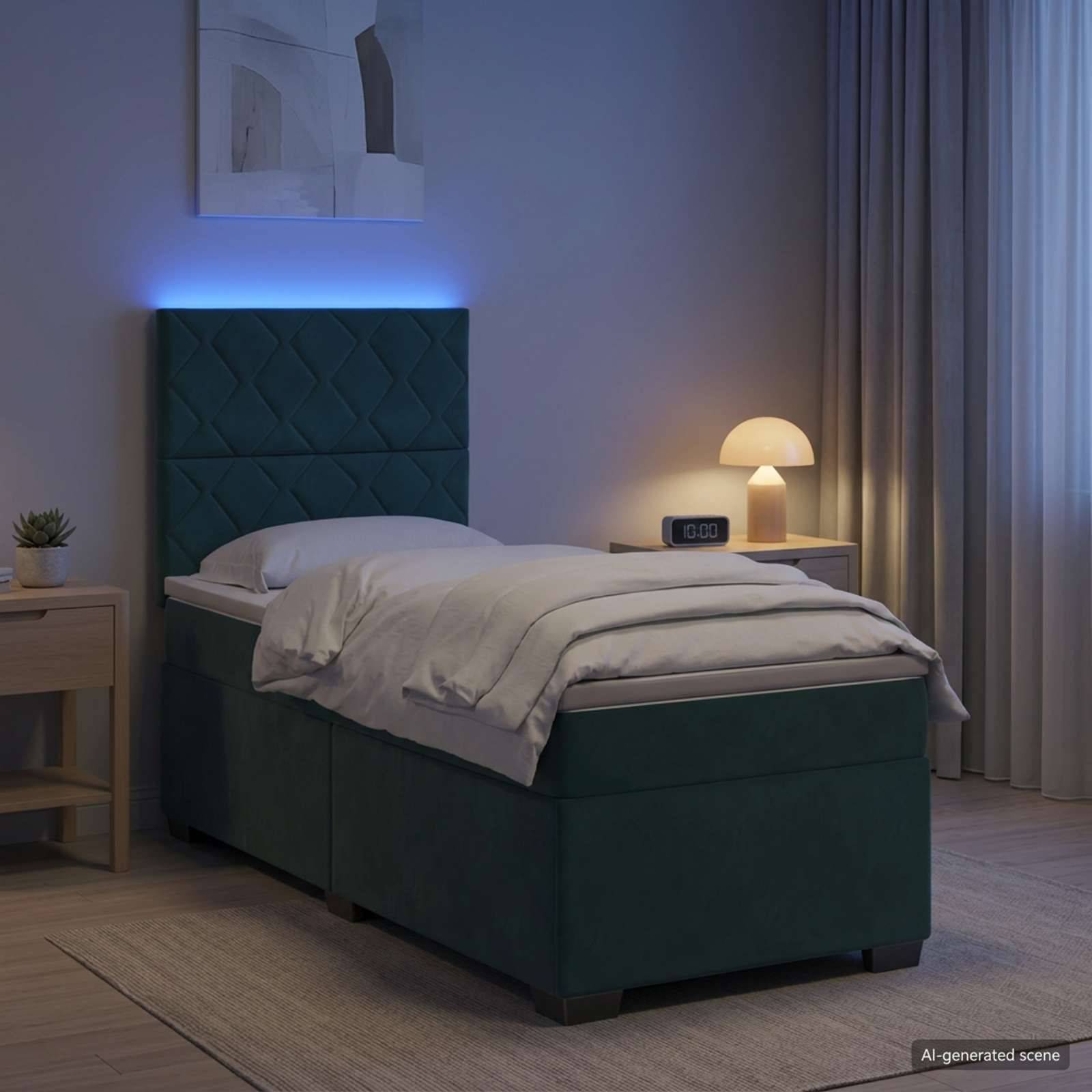 Modernes Schlafzimmer mit Einzelbett, blaugrünem gepolstertem Kopfteil, Nachttischlampe, kleinem Tisch und weichen Vorhängen, beleuchtet mit blauem Akzentlicht.