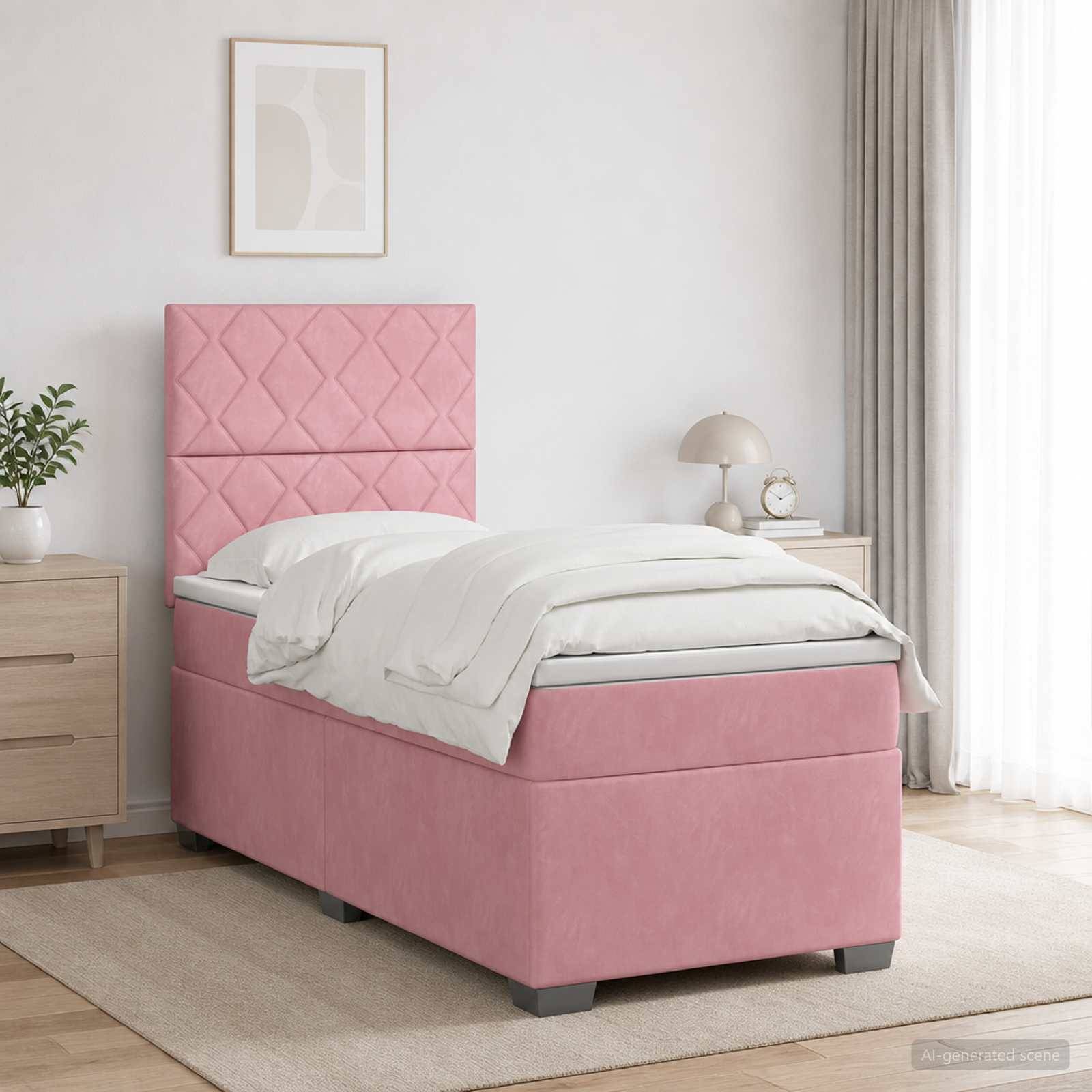 Rosa gepolstertes Einzelbett mit gestepptem Kopfteil, weiße Bettwäsche und passende Speicherbasis in einem hellen, minimalistischen Schlafzimmer.