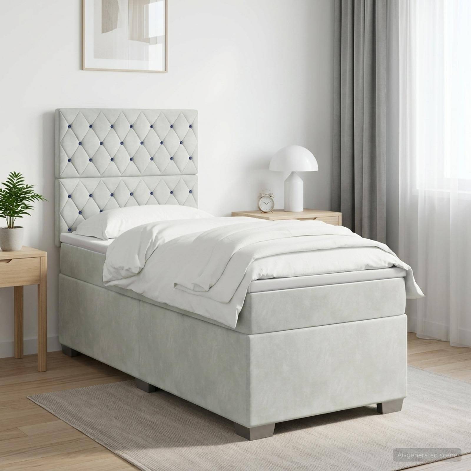 Ein ordentlich gemachtes Einzelbett mit gepolstertem, gestepptem Kopfteil in einem hellen, minimalistischen Schlafzimmer neben einem Nachttisch und einer Lampe.