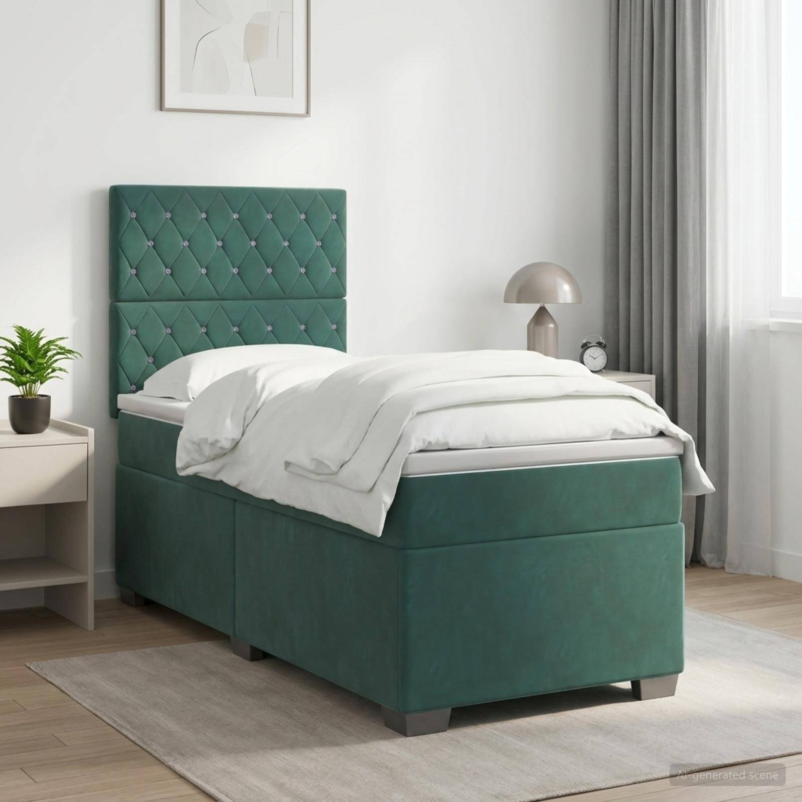 Grünes Polsterbett mit gesterntem Kopfteil, weiße Bettwäsche, Nachttisch, Lampe und Fenster in einem hellen Schlafzimmer.