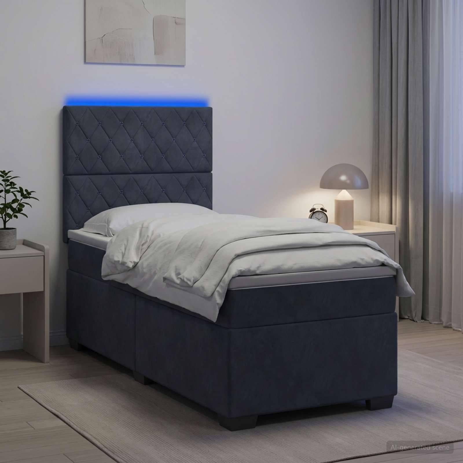 Modernes gepolstertes Einzelbett mit blauer LED-Kopfleiste, weißer Bettwäsche und passendem Schlafzimmermöbel in einem minimalistischen Zimmer.