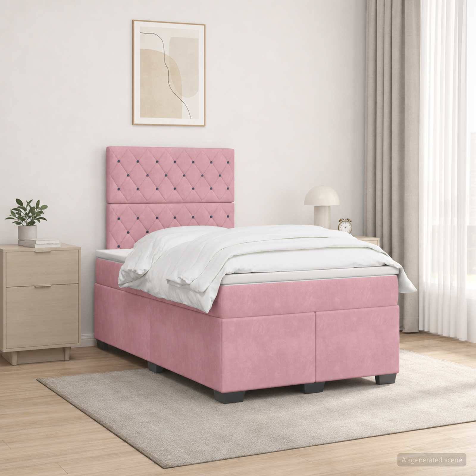Rosa gepolstertes Einzelbett mit gestepptem Kopfteil in einem hellen, minimalistischen Schlafzimmer, gezeigt mit weißer Bettwäsche, Nachttisch, Lampe und Wandkunst im Rahmen.