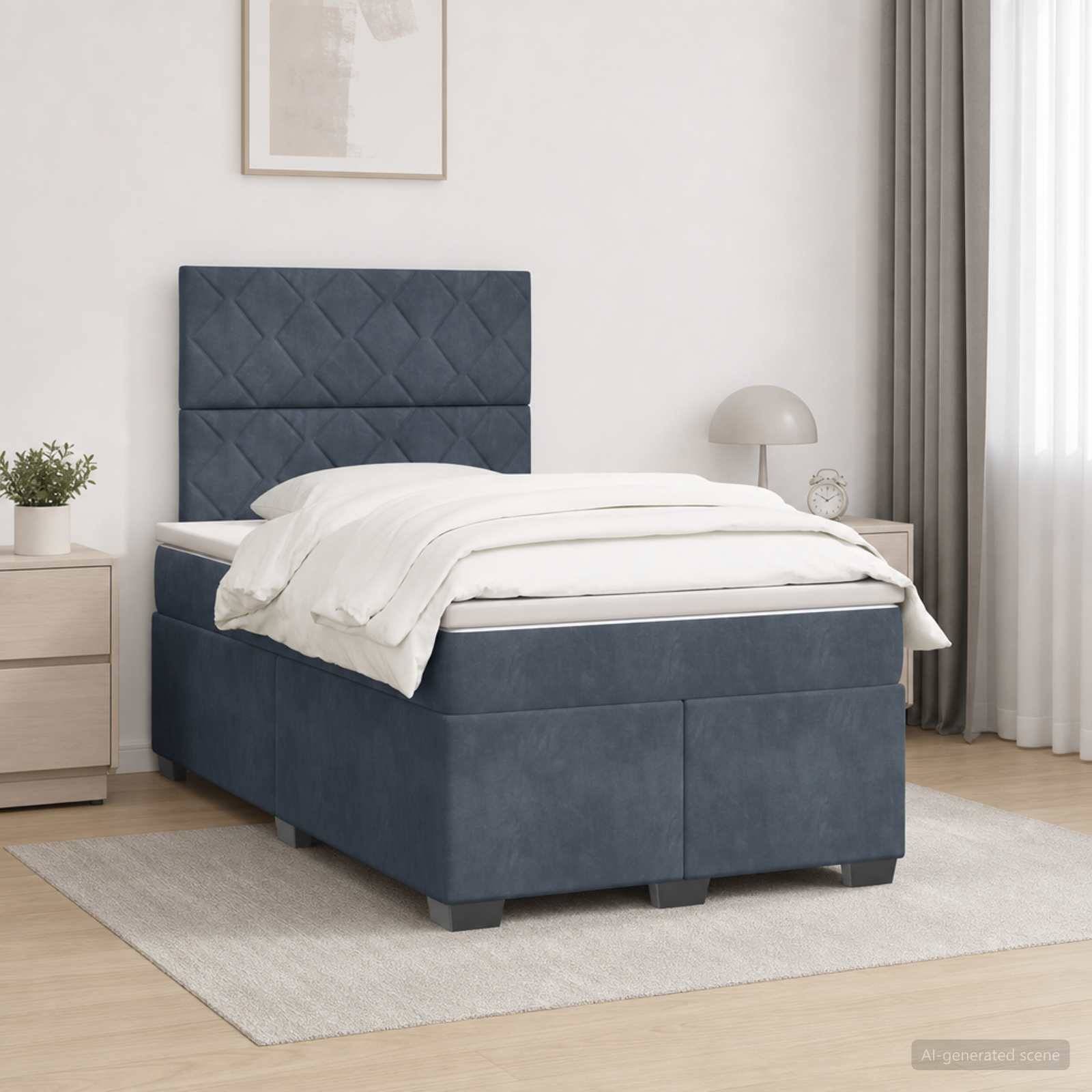 Bett mit blauem Polsterbezug für eine Person mit weißer Bettwäsche in einem hellen, minimalistischen Schlafzimmer neben einem Nachttisch, einer Lampe und Fenstergardinen.