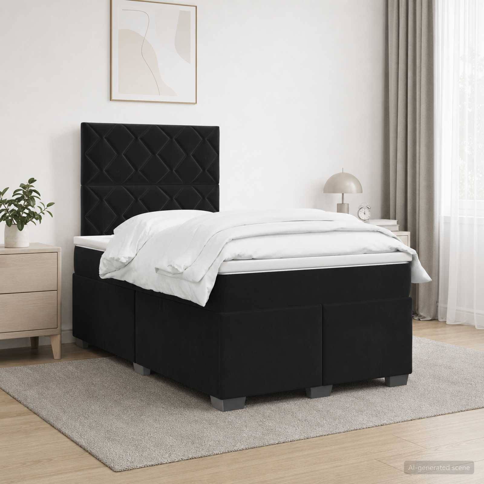 Schwarzes gepolstertes Bett mit gestepptem Kopfteil, weiße Bettwäsche, Nachttisch, Lampe und leichte Vorhänge in einem minimalistischen Schlafzimmer.