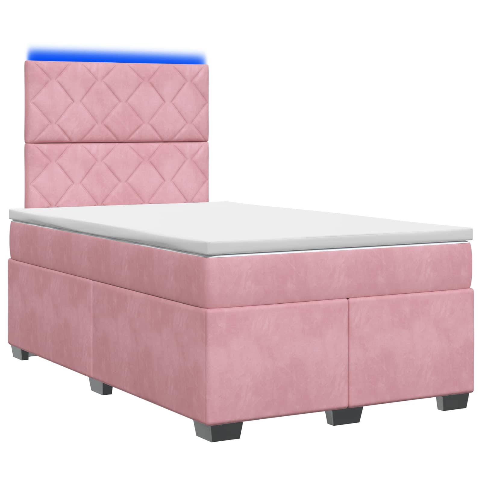 Einzelbett mit rosa Polsterung, weißer Matratze und hohem gepolstertem Kopfteil, vor weißem Hintergrund gezeigt.