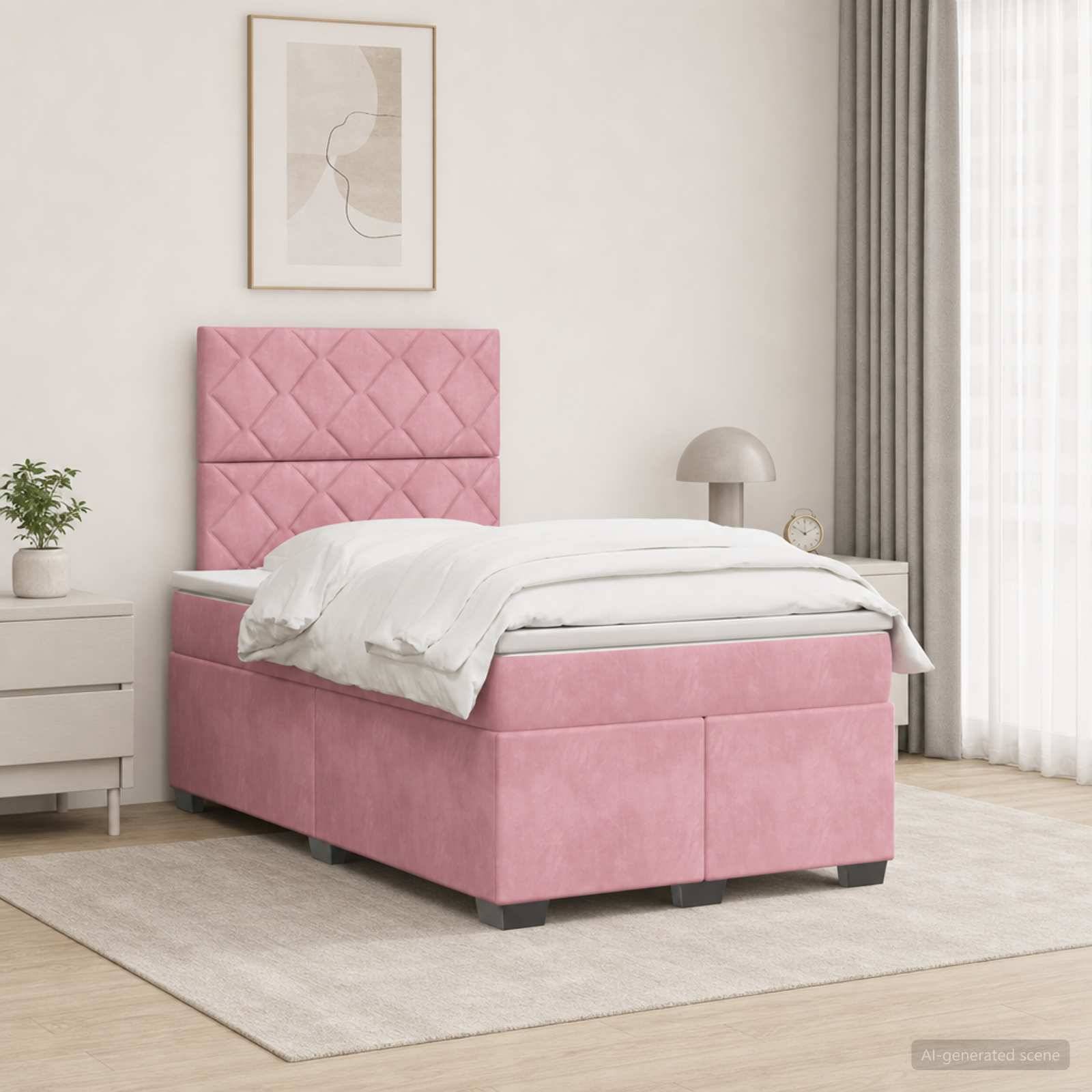 Einzelbett mit rosa Polsterung und gestepptem Kopfteil in einem hellen, minimalistischen Schlafzimmer, ausgestattet mit weißer Bettwäsche neben einem Nachttisch und einer Lampe.