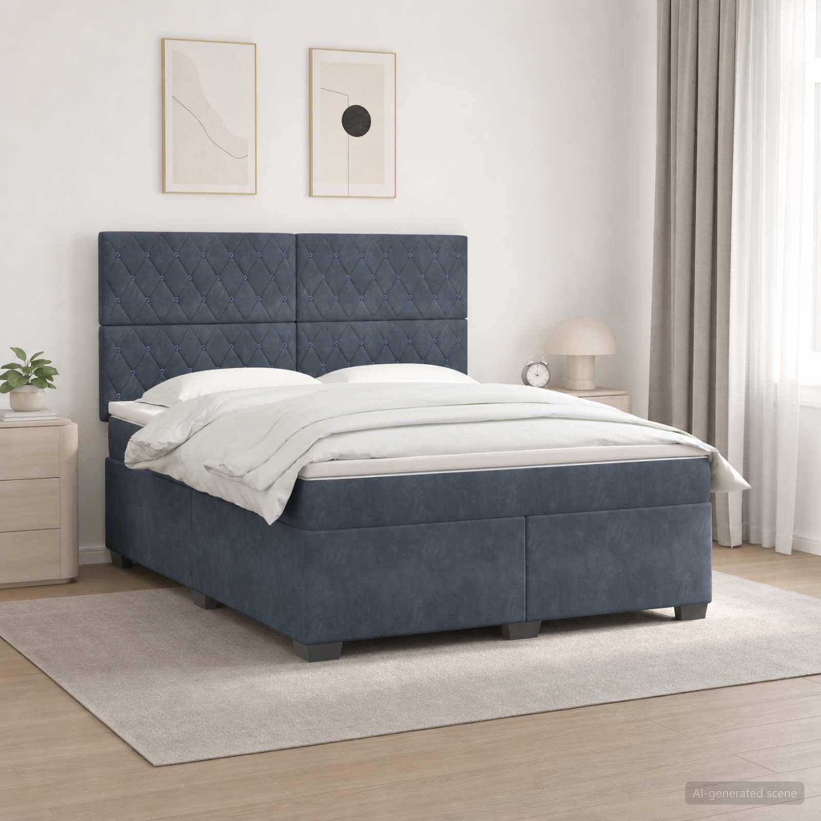 Modernes Schlafzimmer mit einem blau gepolsterten Doppelbett, weißer Bettwäsche, Nachttischen, gerahmten Wandbildern und sanftem Naturlicht.