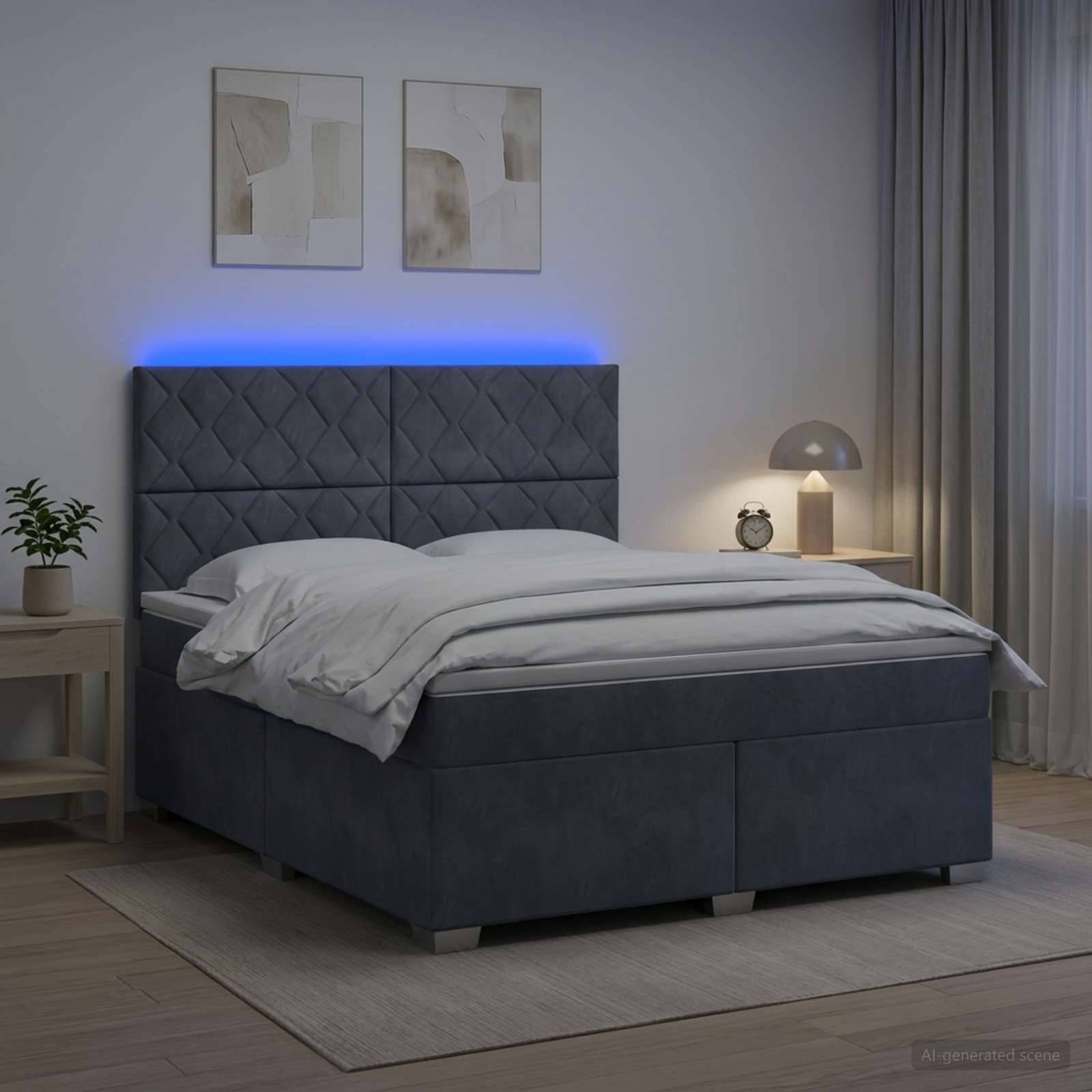 Modernes Schlafzimmer mit dunklem gepolstertem Bett, weißer Bettwäsche, blauer LED-Kopfleuchte, Nachttisch, Lampe, Pflanze und Vorhängen.