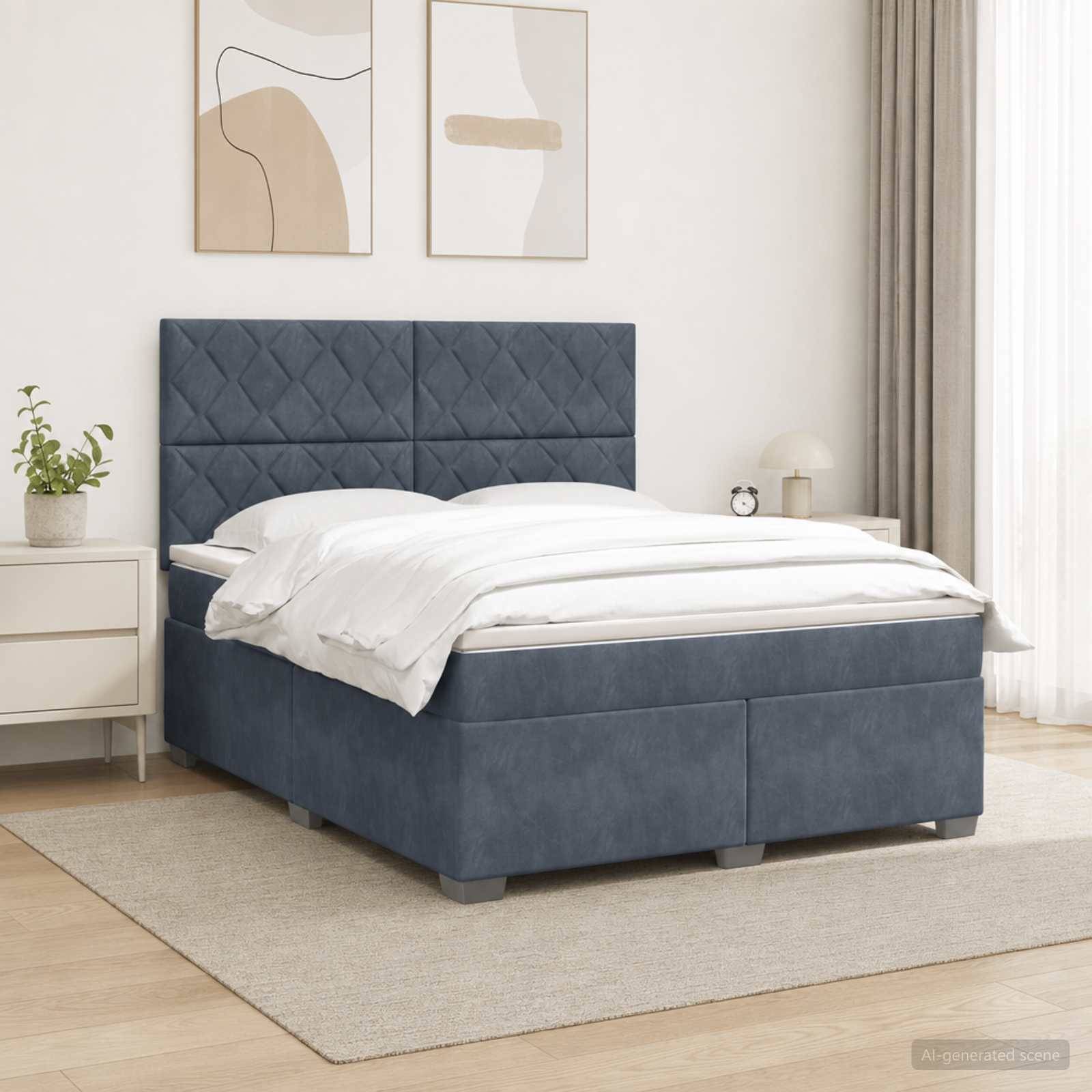 Bett mit blauem Polsterstoff und gestepptem Kopfteil in einem minimalistischen Schlafzimmer, bezogen mit weißer Bettwäsche neben einem Nachttisch und Wandkunst.