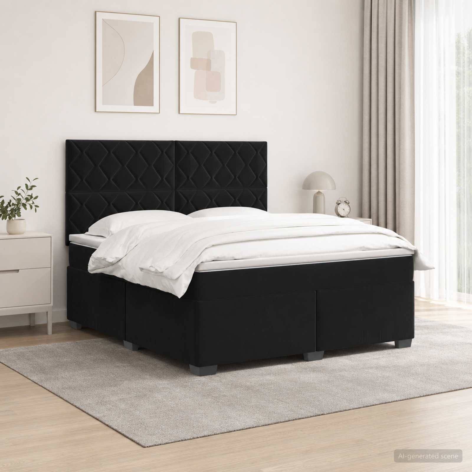 Modernes Schlafzimmer mit einem schwarzen gepolsterten Bett, weißer Bettwäsche, Nachttisch, Wandkunst und softem natürlichen Licht von einem Fenster.