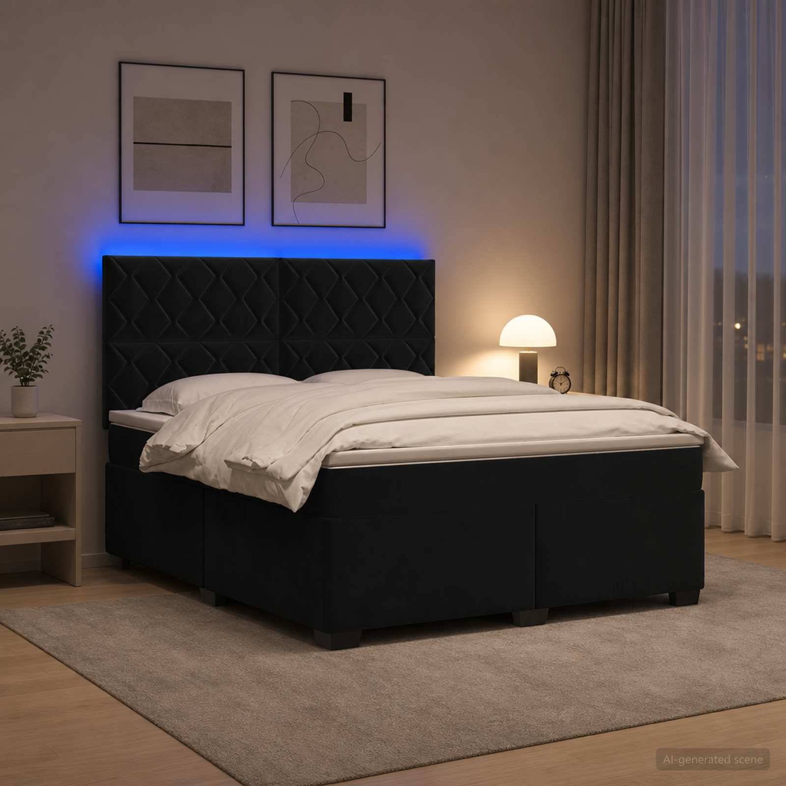 Modernes Schlafzimmer mit einem schwarz gepolsterten Bett, blauer LED-Kopfleuchten-Beleuchtung, weißer Bettwäsche, Nachttischlampe, Teppich und gerahmten Wandkunstwerken.