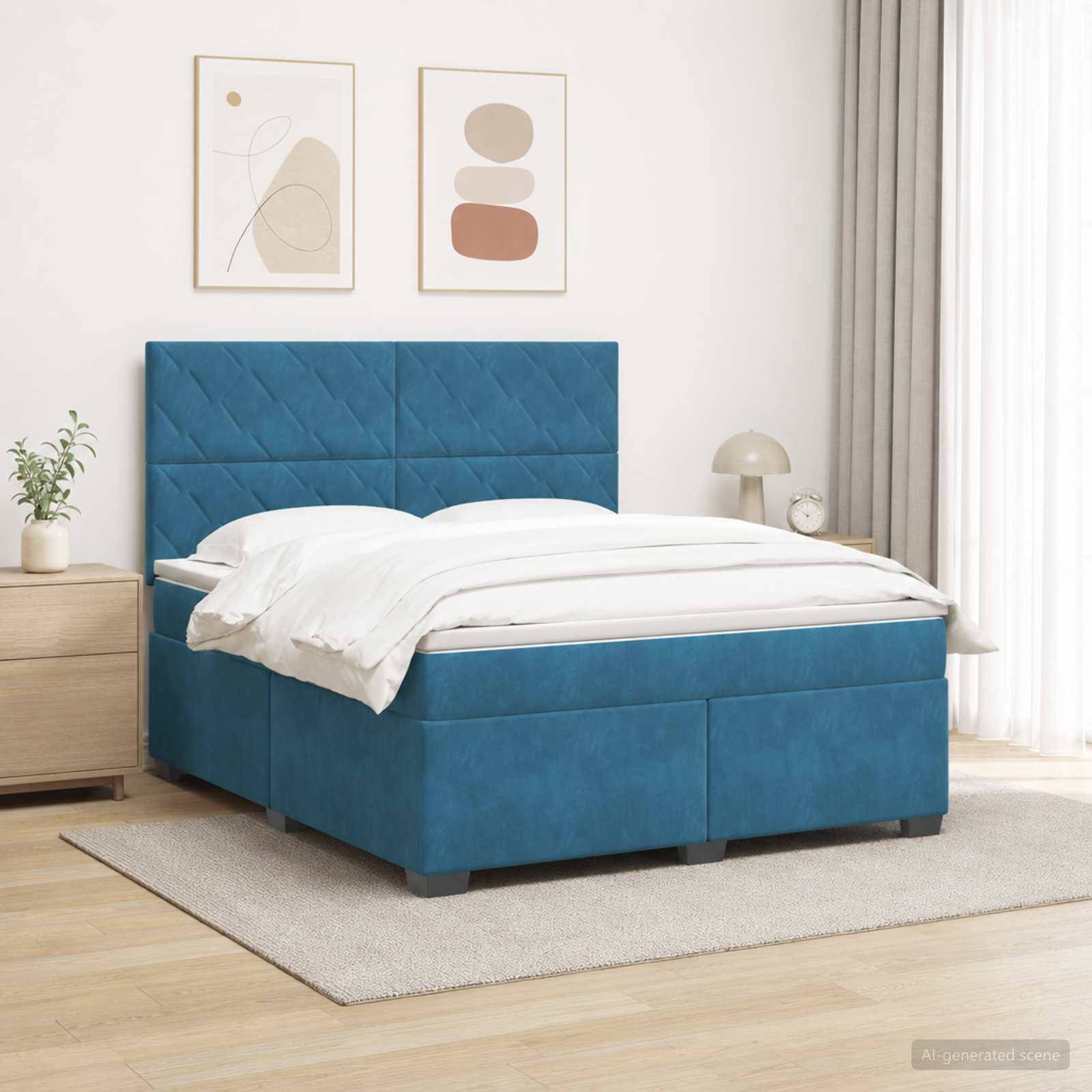 Blau gepolstertes Bett mit weißer Bettwäsche in einem hellen, minimalistischen Schlafzimmer, flankiert von einem Nachttisch und einer Lampe mit abstrakter Wandkunst darüber.