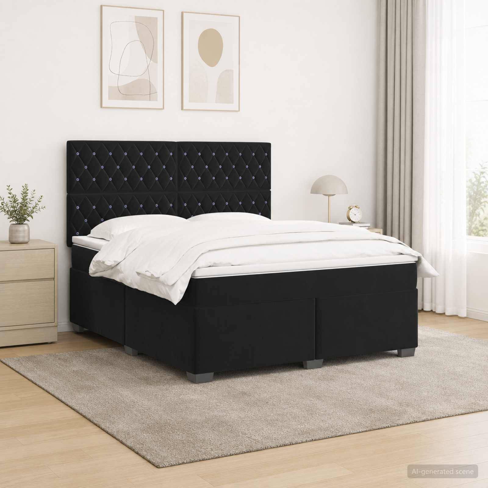 Ein schwarzes gepolstertes Bett mit gestepptem Kopfteil und weißer Bettwäsche steht in einem hellen, minimalistischen Schlafzimmer mit gerahmten Wandbildern und einer Nachttischlampe.