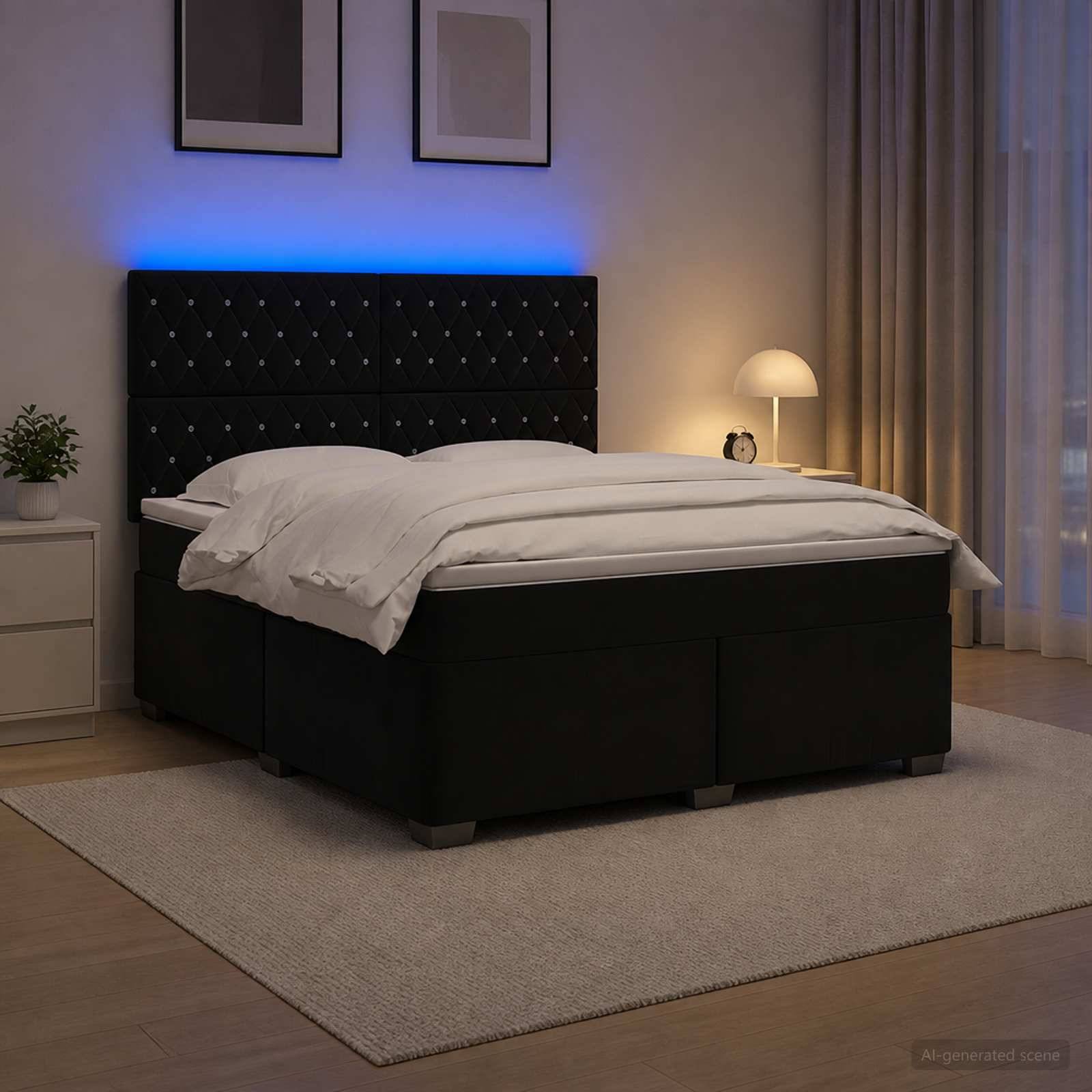 Modernes Schlafzimmer mit einem schwarzen gepolsterten Bett, weißer Bettwäsche, blauer Hintergrundbeleuchtung, Nachttischlampe und neutraler Dekoration auf einem Teppich.
