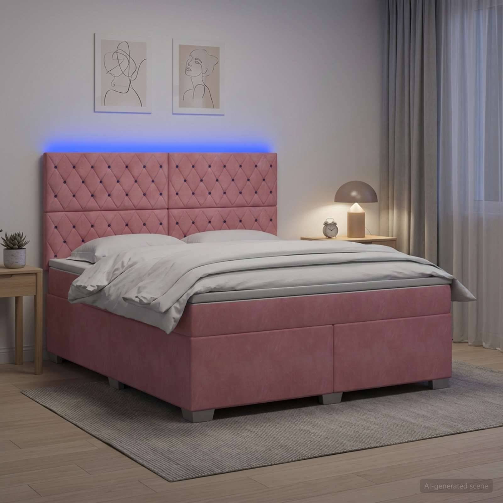 Rosafarbenes, gepolstertes Bett mit gestepptem Kopfteil und blauer LED-Hintergrundbeleuchtung in einem modernen Schlafzimmer, gezeigt mit Bettwäsche, Nachttischen und gerahmten Wandkunstwerken.