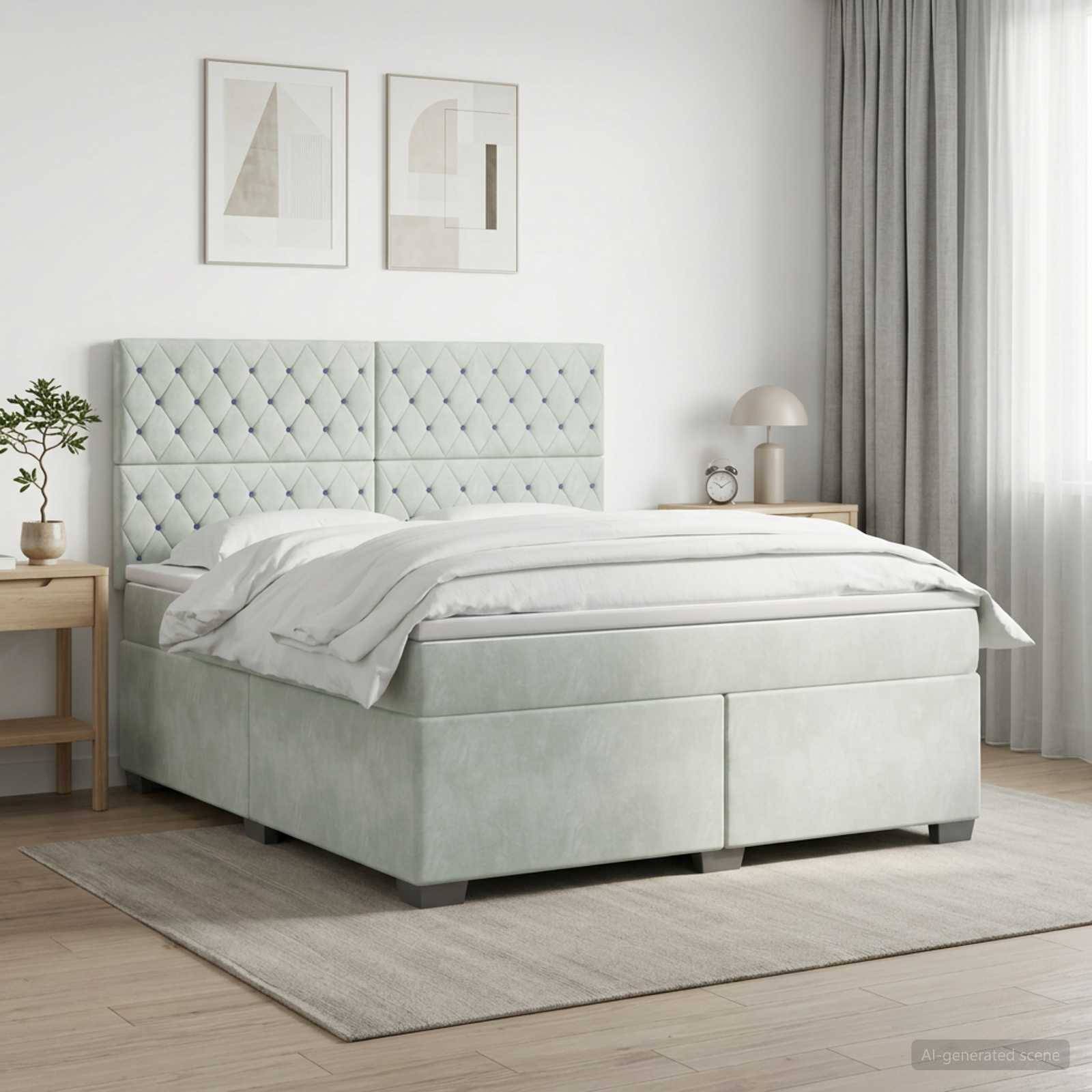 Modernes Schlafzimmer mit einem hellgrauen gepolsterten Boxspringbett mit Knopfheftung, weißer Bettwäsche, Nachttischen, Lampe, gerahmten Wandbildern und transparenten Vorhängen.