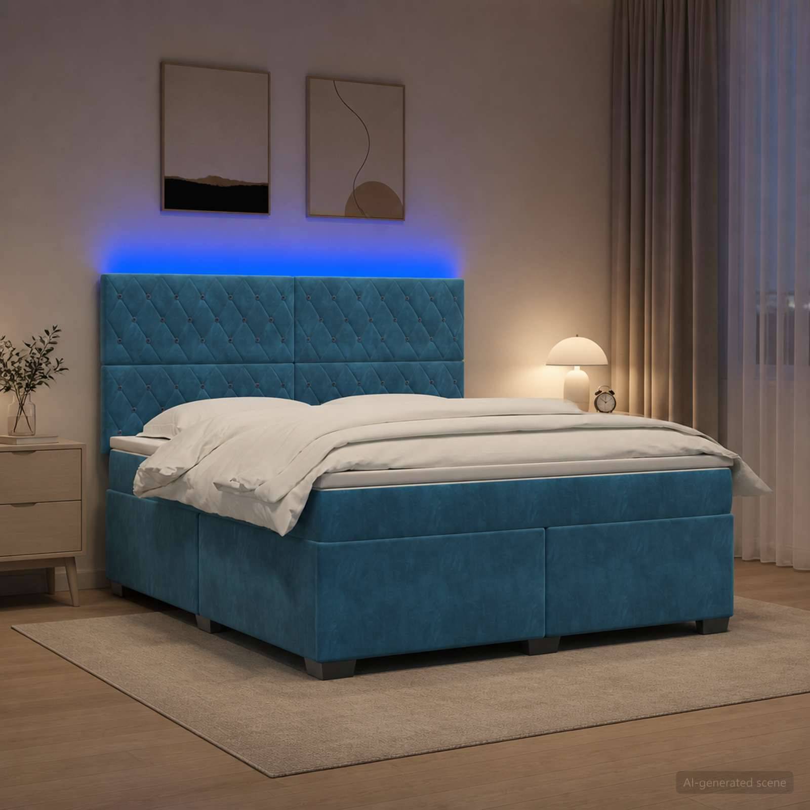 Modernes Schlafzimmer mit einem blaugrün gepolsterten Bett, weißer Bettwäsche und blau hinterleuchtetem Kopfteil neben einem Nachttisch und einer Lampe.