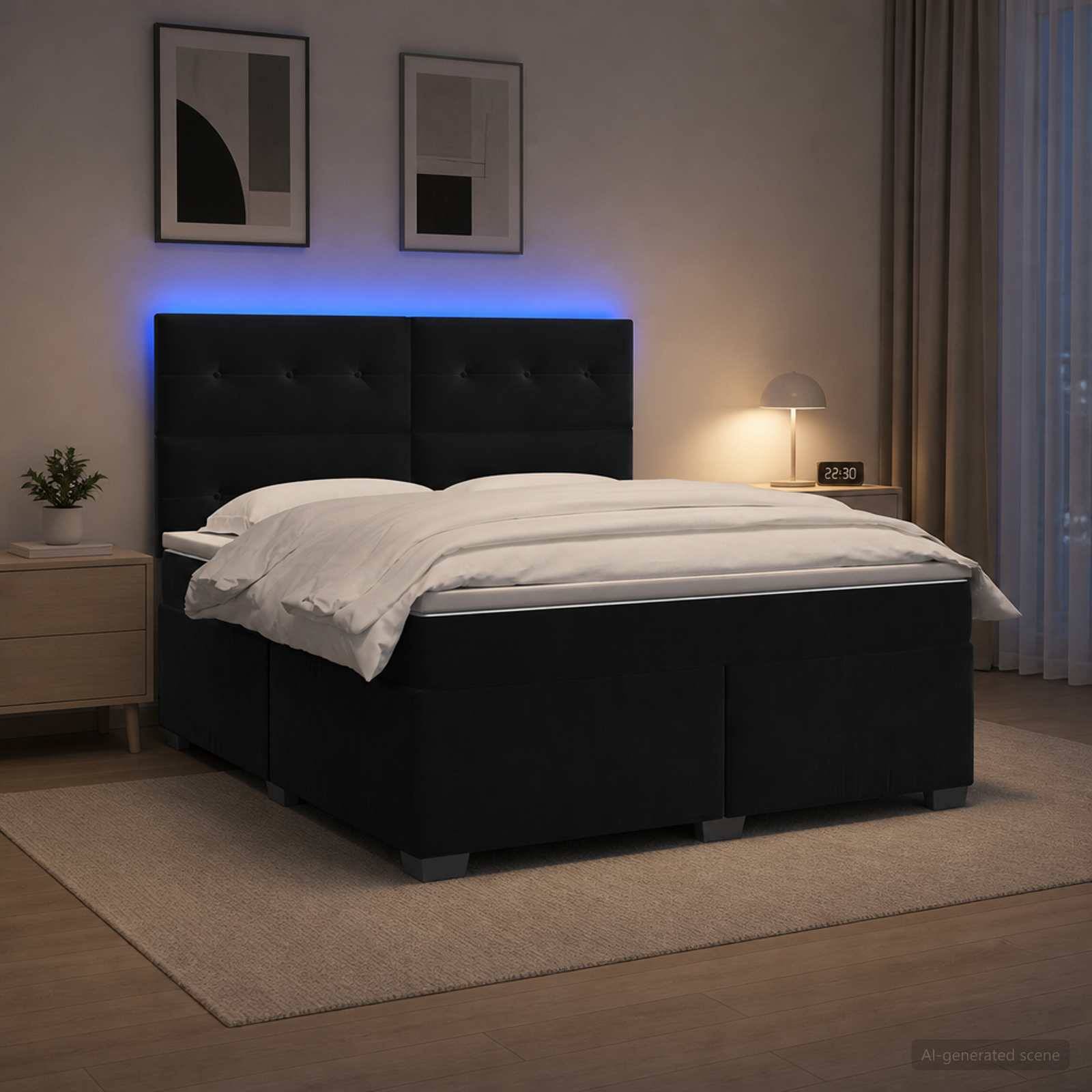 Modernes Schlafzimmer mit einem schwarzen gepolsterten Bett, weißer Bettwäsche, blau hinterleuchtetem Kopfteil, Nachttischlampe, Wandkunst und digitaler Uhr.