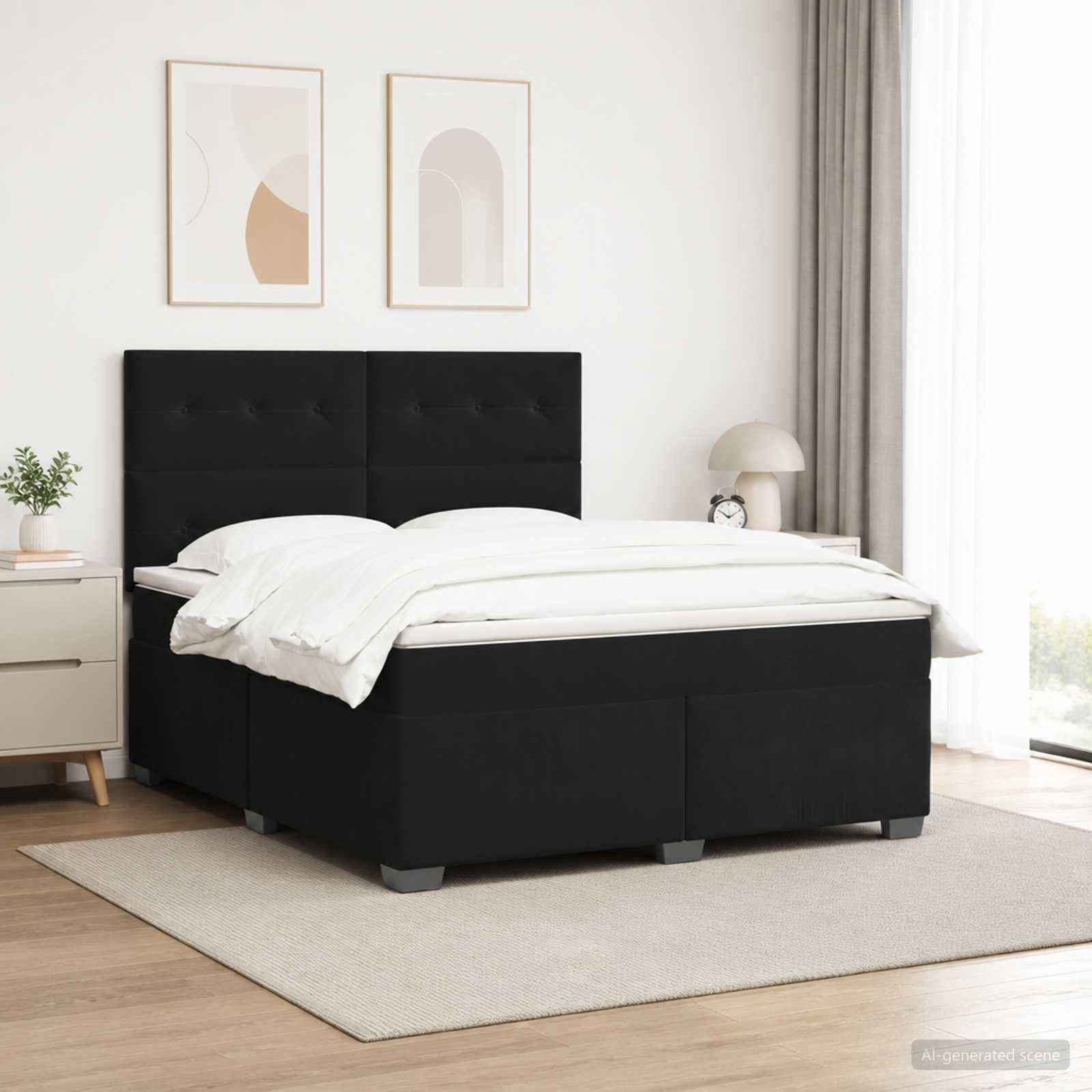 Modernes Schlafzimmer mit einem schwarz gepolsterten Bett, weißer Bettwäsche und minimalistischer Einrichtung neben einem hellen Fenster.