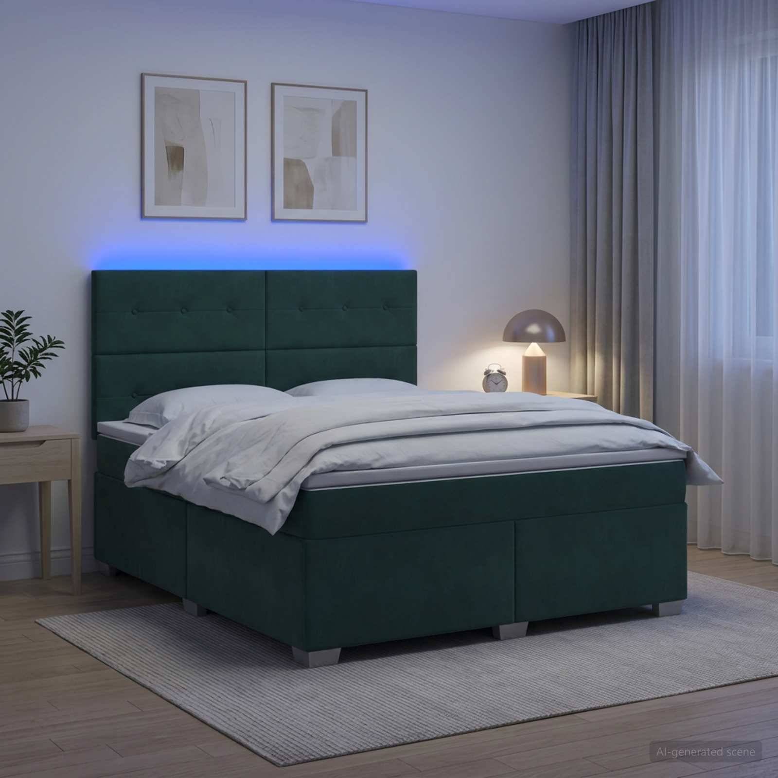 Ein modernes Schlafzimmer mit einem grün gepolsterten Bett, weißer Bettwäsche, zwei gerahmten abstrakten Drucken, einer Nachttischlampe und blauer Akzentbeleuchtung.