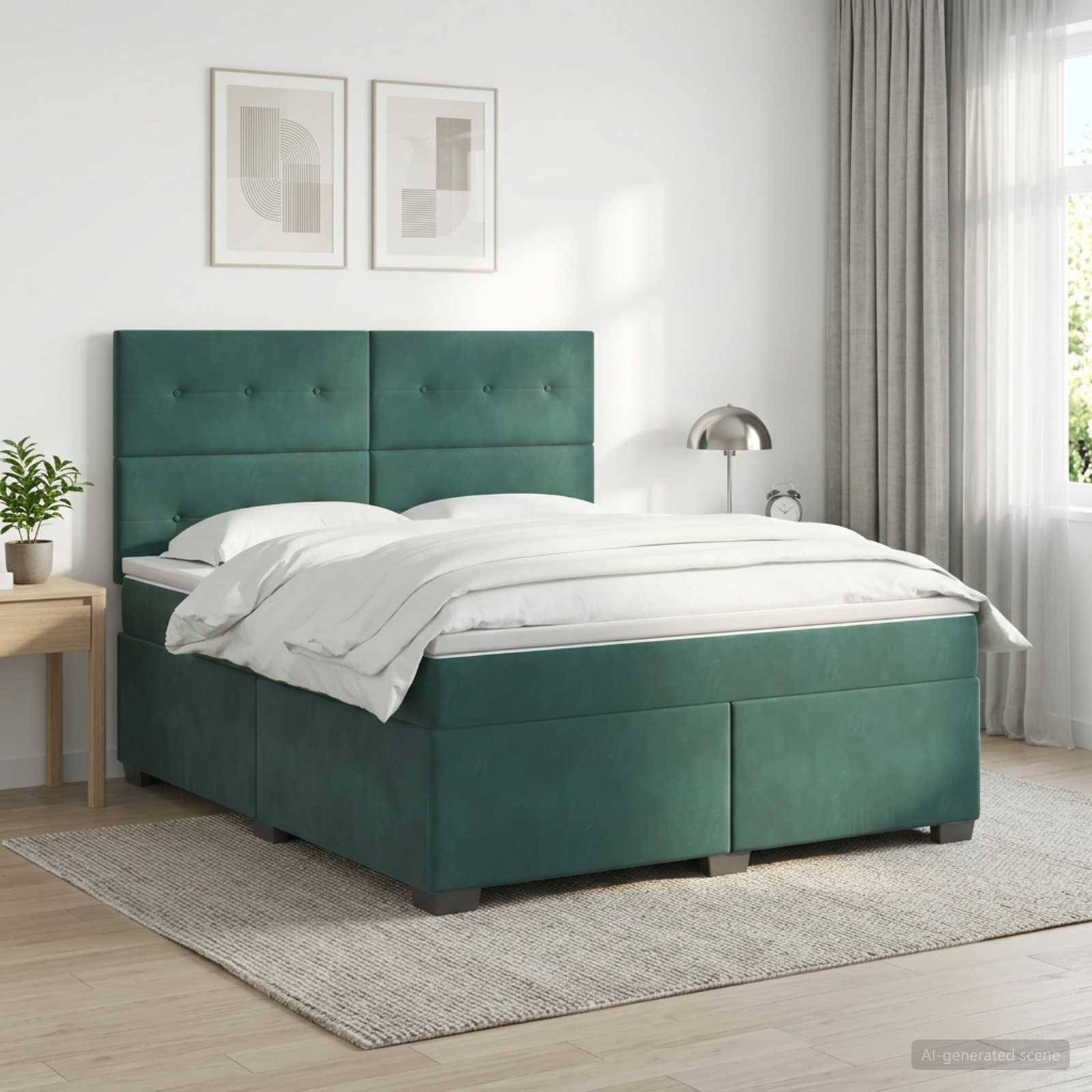 Ein modernes Schlafzimmer mit einem grün gepolsterten Bett, das mit weißer Bettwäsche bezogen ist, gerahmten Wandbildern darüber und einem Fenster mit Vorhängen.