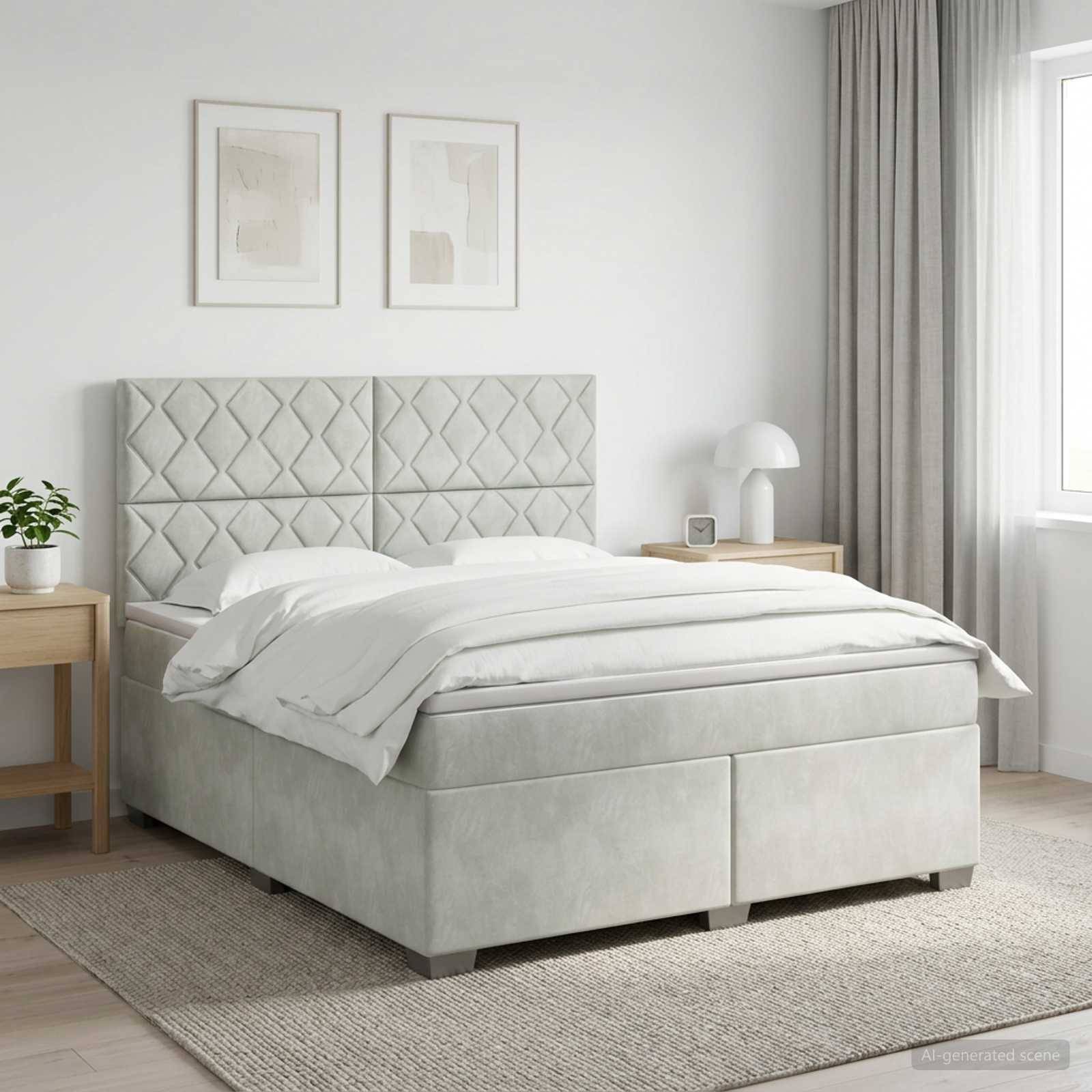Hellgrau gepolstertes Bett mit Kopfteil im Rautenmuster in einem hellen, minimalistischen Schlafzimmer mit Nachttischen, Wandbildern in Rahmen und Vorhängen.