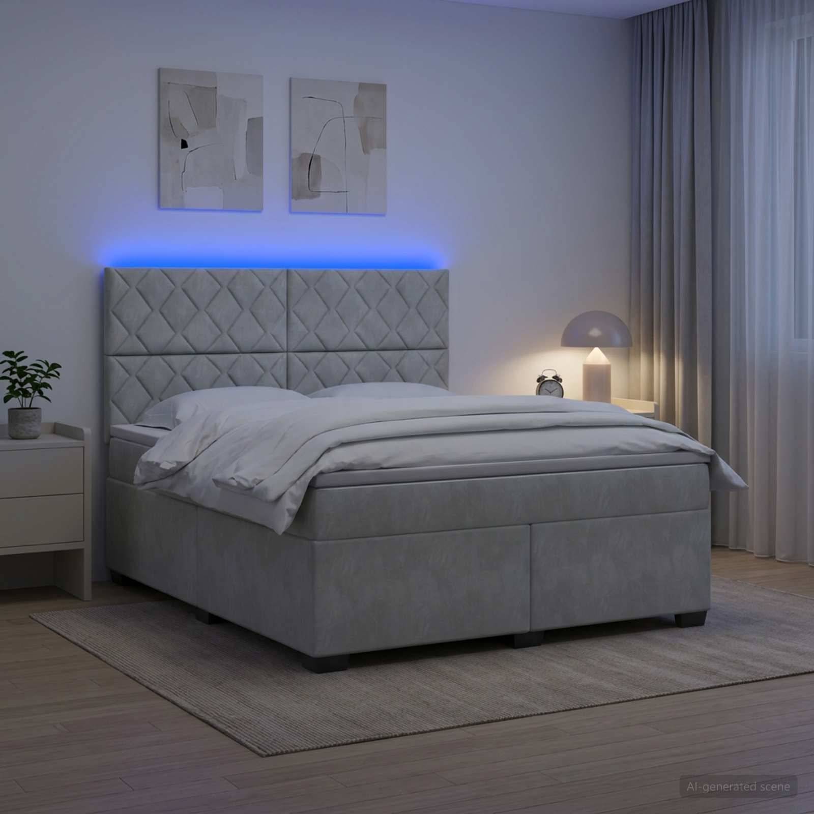 Modernes Schlafzimmer mit grauem gepolstertem Bett, blauer LED-Kopfleuchte, Nachttischlampe und minimalistischer Wandkunst in einem sanft beleuchteten Raum.