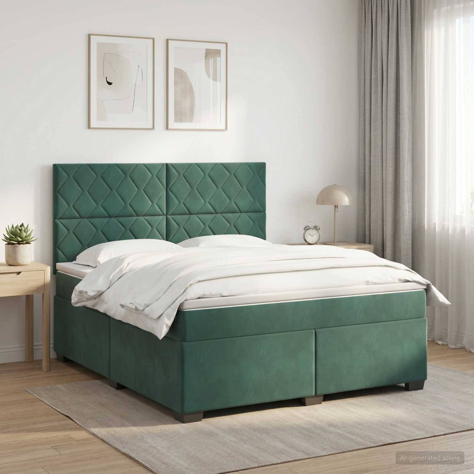 Ein modernes Schlafzimmer mit einem grüngepolsterten Bett, weißer Bettwäsche, Nachttischen, gerahmten Wandbildern, einer Lampe und durchsichtigen Vorhängen im weichen Tageslicht.