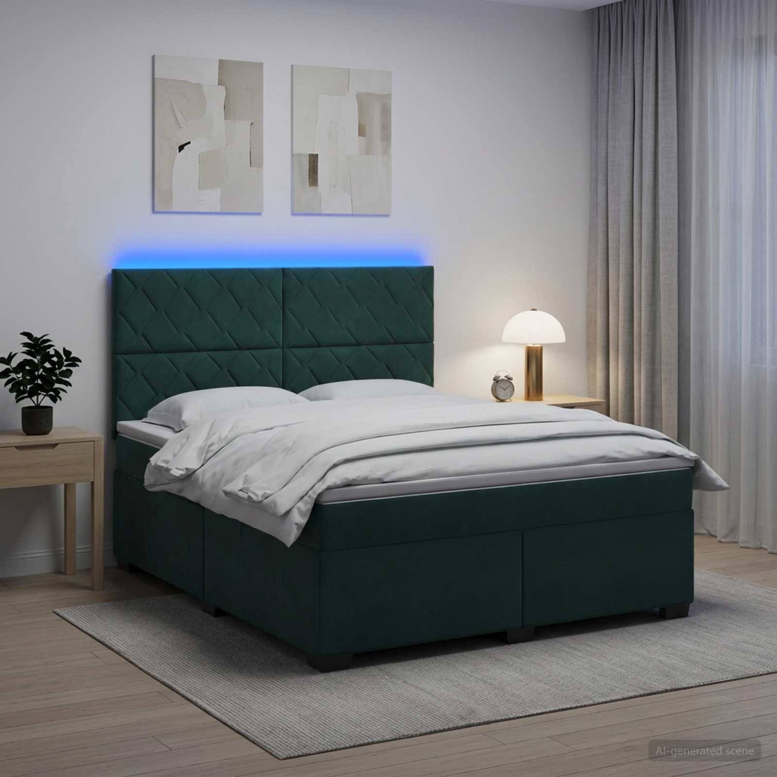 Modernes Schlafzimmer mit einem grün gepolsterten Bett, weißer Bettwäsche, leuchtender blauer Kopfteilleuchte, Nachttischlampe, Pflanze und abstrakter Wandkunst.