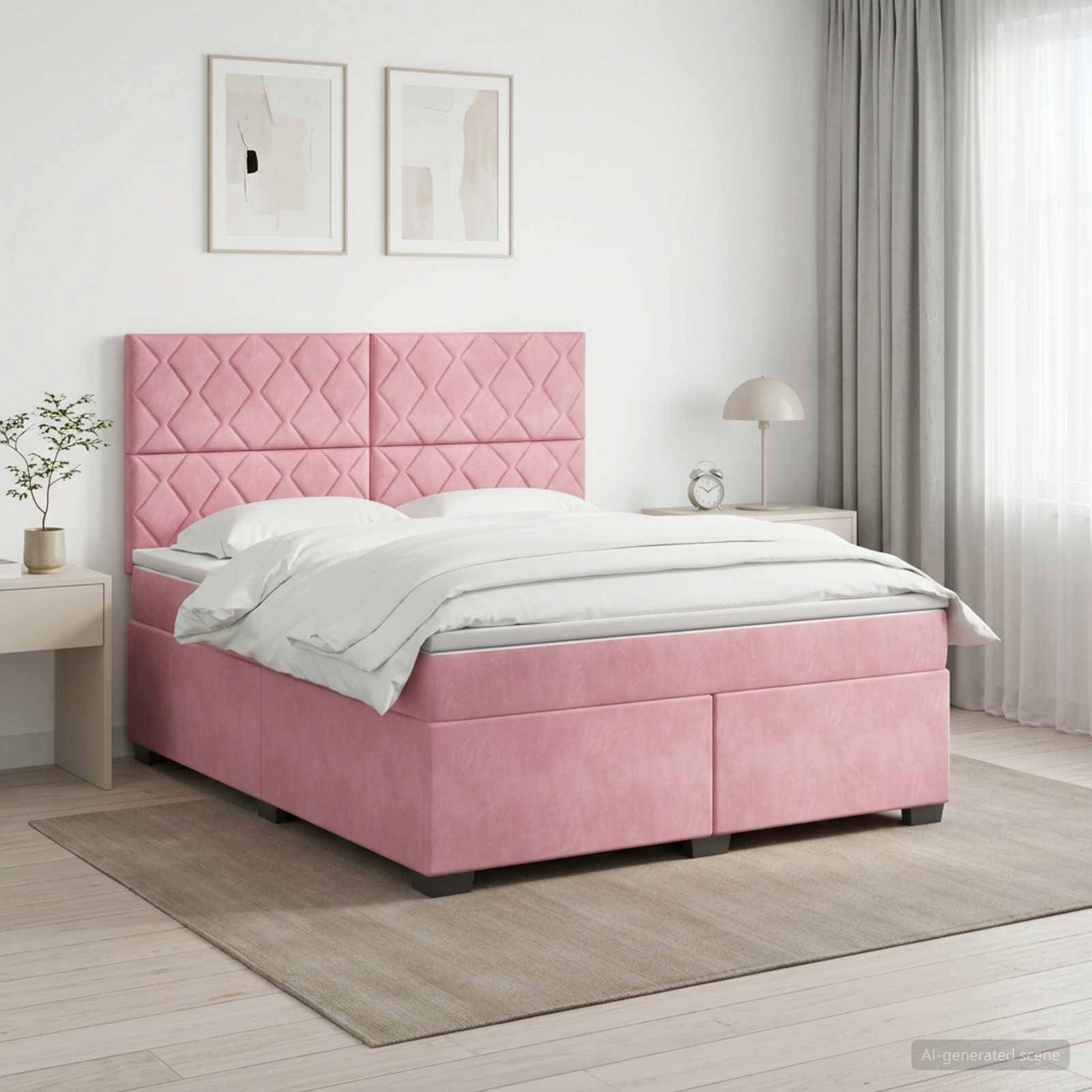 Rosa gepolstertes Bett mit gestepptem Kopfteil und Schubladen zur Aufbewahrung in einem hellen, minimalistischen Schlafzimmer.