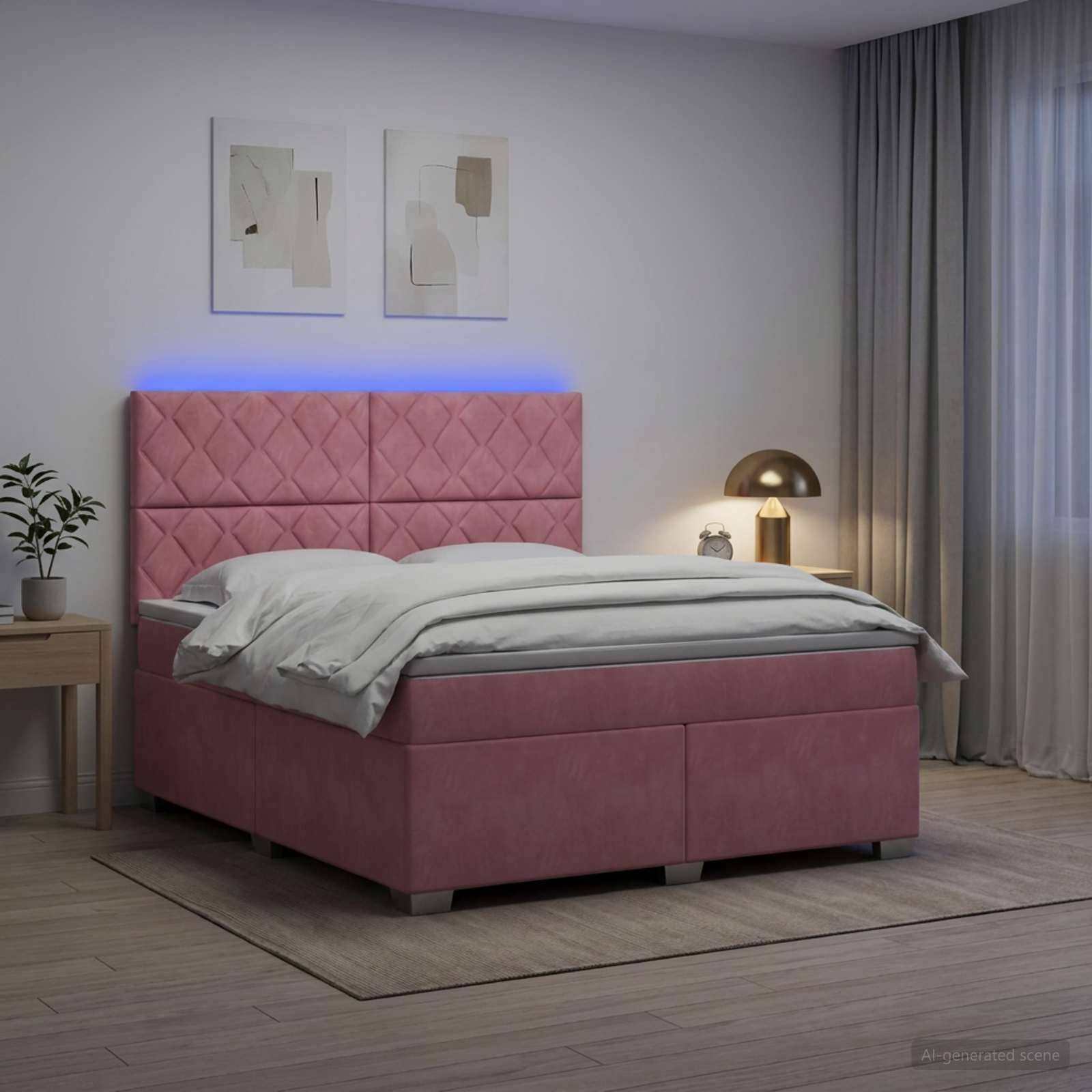 Rosa gepolstertes Bett mit rautenförmigen Kopfteil und blauer Hintergrundbeleuchtung in einem modernen Schlafzimmer, mit Nachttischlampe, Pflanze und transparenten Vorhängen.