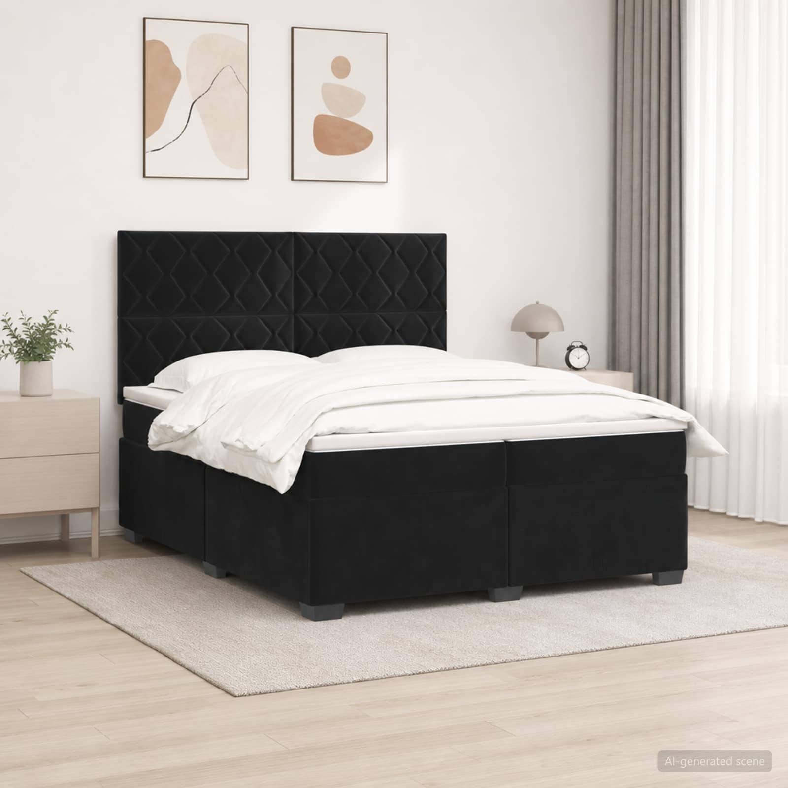 Schwarzes, gepolstertes Bett mit gestepptem Kopfteil in einem minimalistischen Schlafzimmer, gezeigt mit weißer Bettwäsche, Nachttisch und Wandkunst.