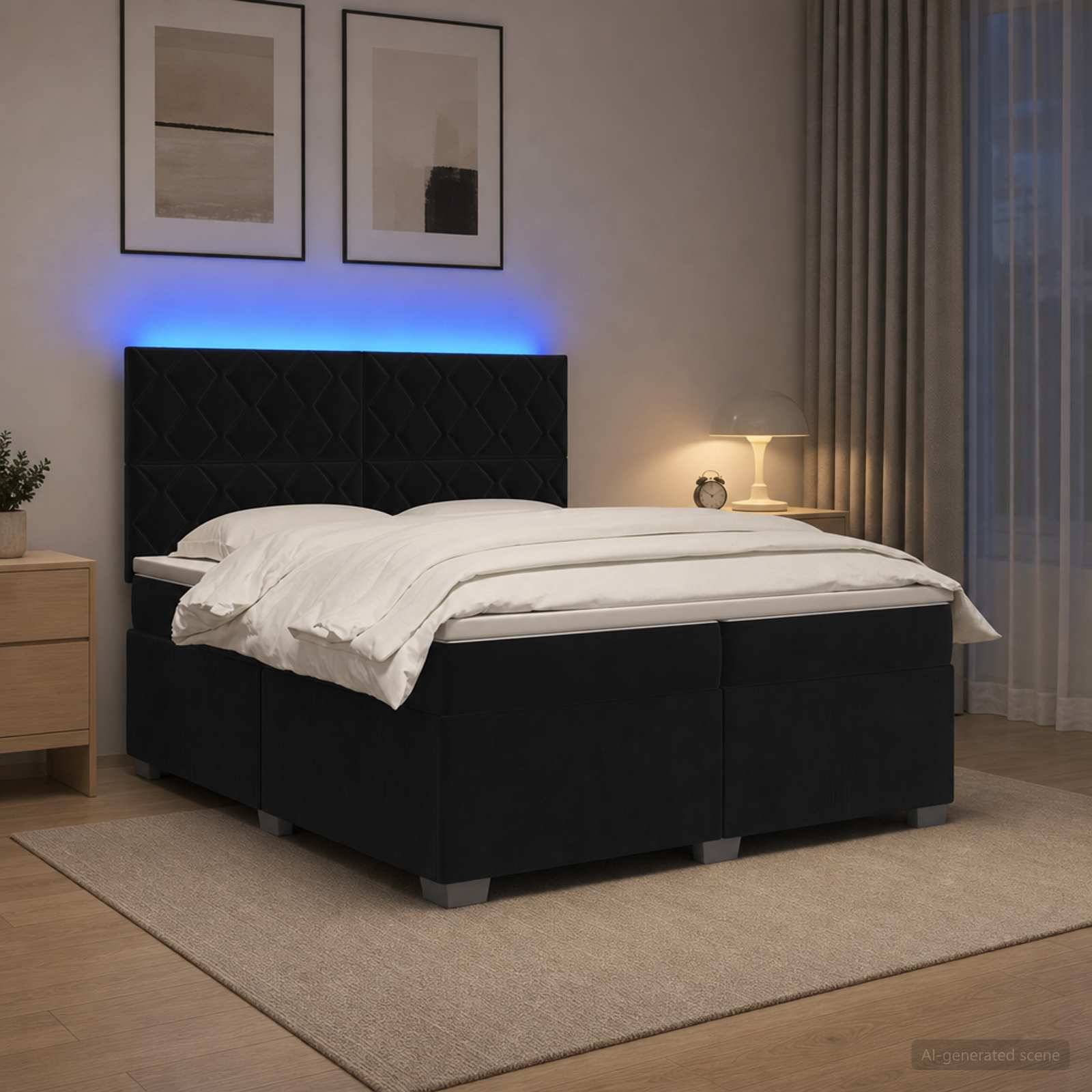 Modernes Schlafzimmer mit einem schwarzen gepolsterten Bett, weißer Bettwäsche, blauem hinterleuchtetem Kopfteil, Nachttischlampe, Teppich und gerahmten Wandbildern.