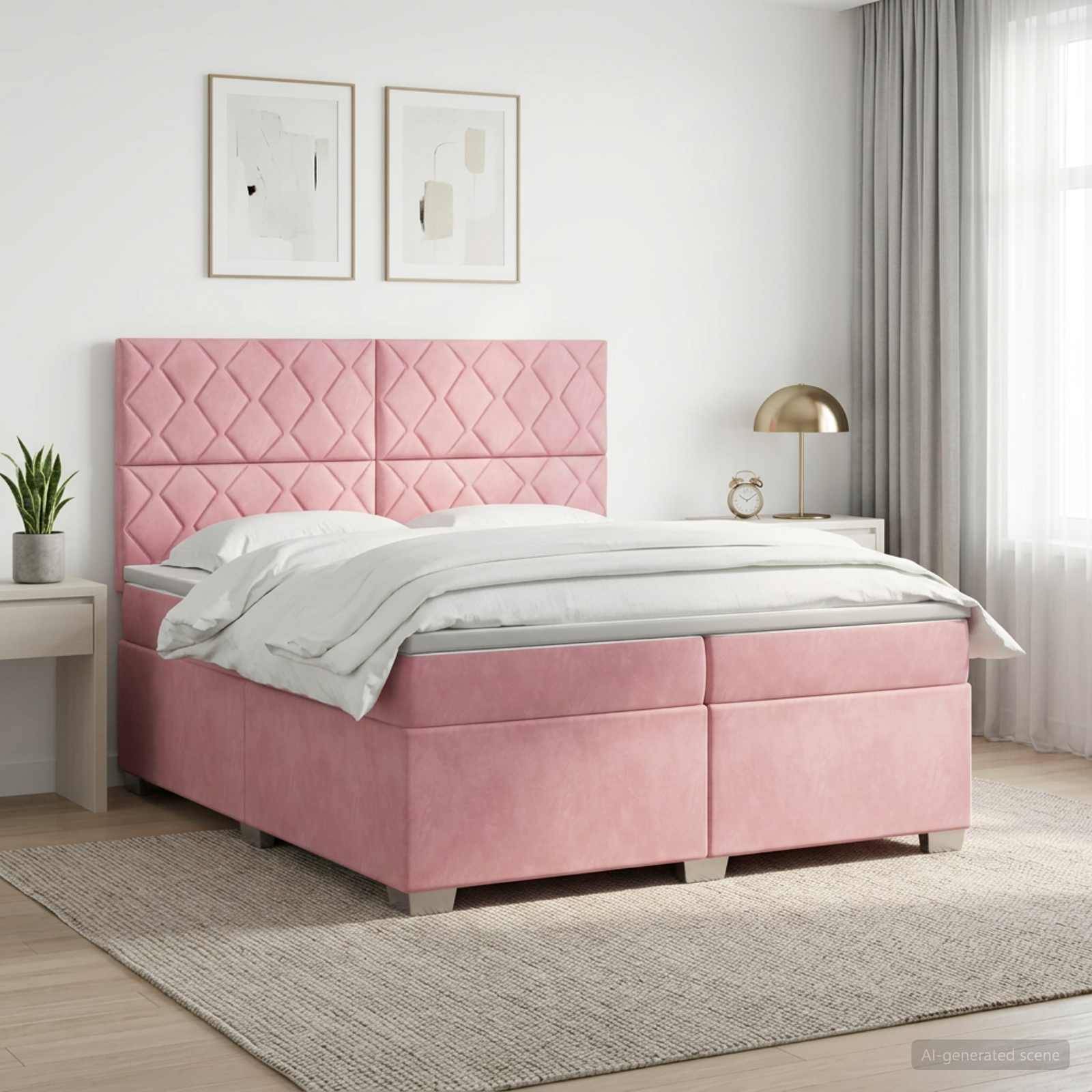 Bett mit rosa Polsterung in einem hellen modernen Schlafzimmer mit weißer Bettwäsche, gerahmten Wandbildern, Nachttisch, Lampe und Teppich.