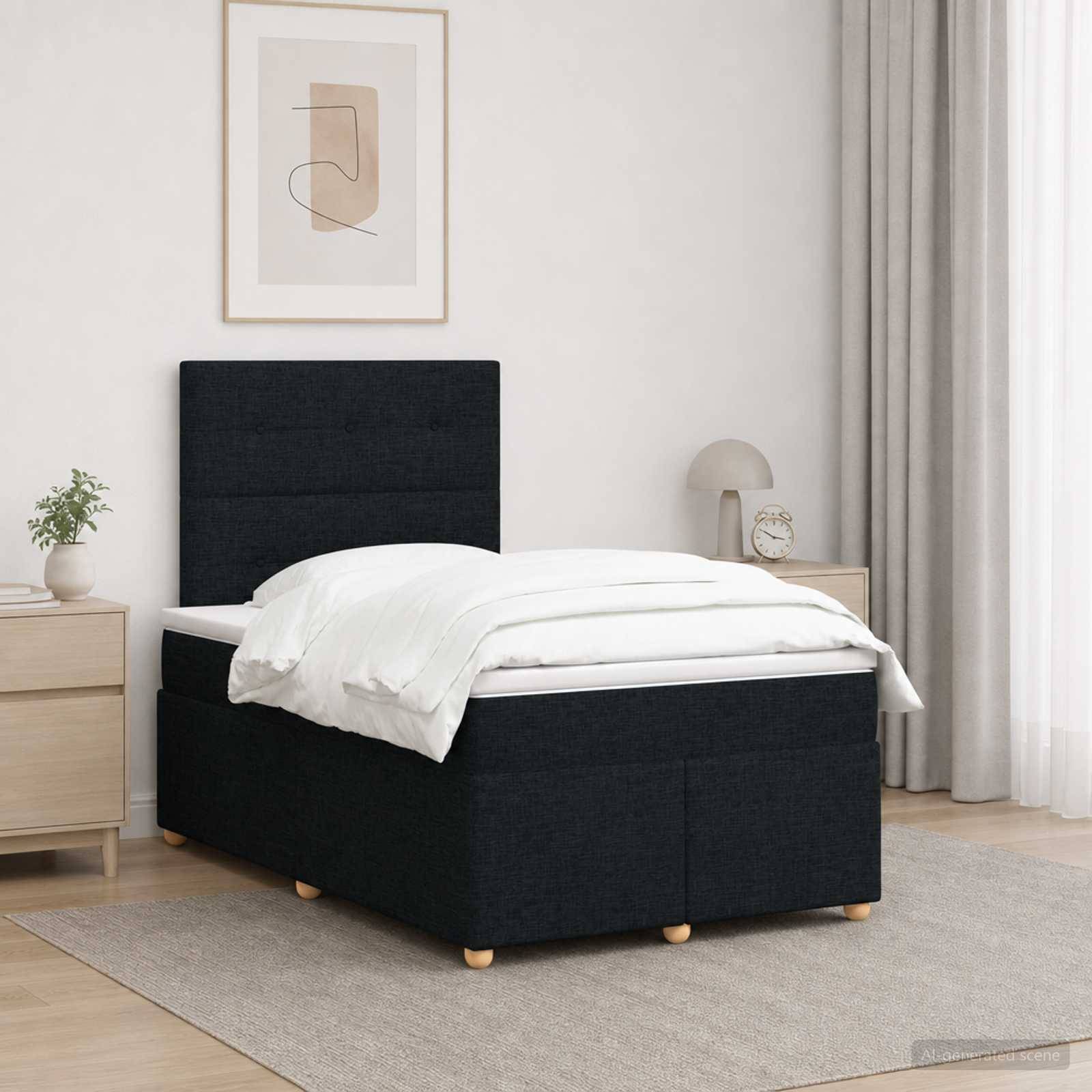 Modernes Schlafzimmer mit einem schwarzen gepolsterten Einzelbett, weißer Bettwäsche, Nachttischen, Lampe, gerahmter Wandkunst und neutralen Vorhängen.