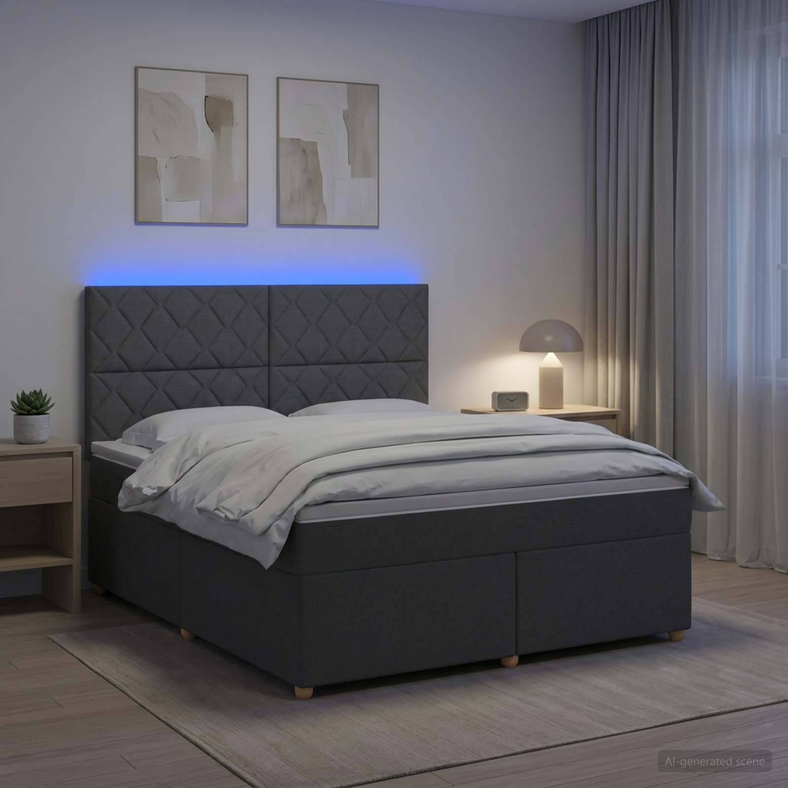 Modernes Schlafzimmer mit grauem gepolstertem Bett, blauem LED-Kopfteilen-Glanz, Nachttischen, Lampe und transparenten Gardinen.