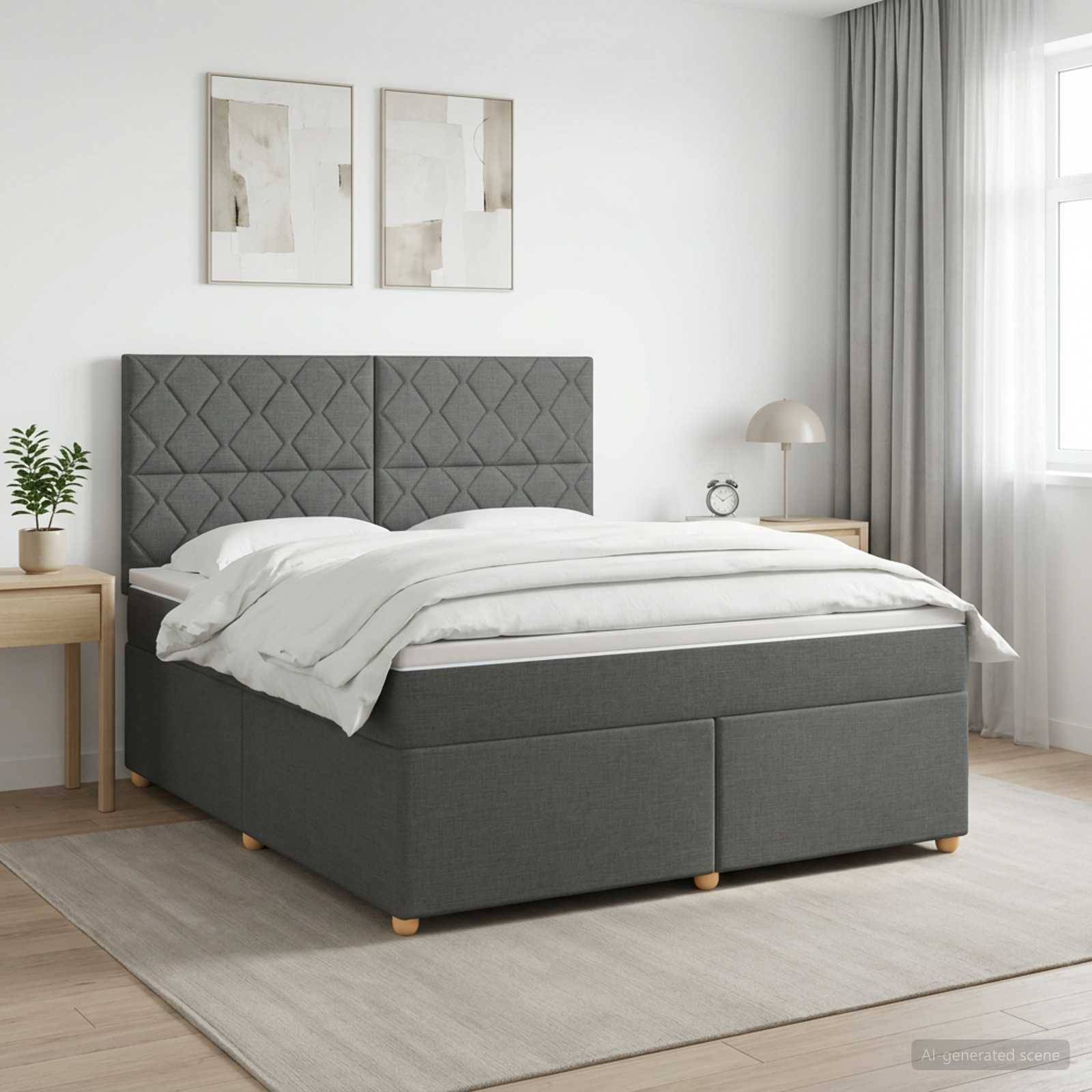 Ein ordentlich gemachtes grau gepolstertes Bett mit gestepptem Kopfteil in einem hellen minimalistischen Schlafzimmer, flankiert von kleinen Nachttischen und gerahmten Wandkunstwerken.