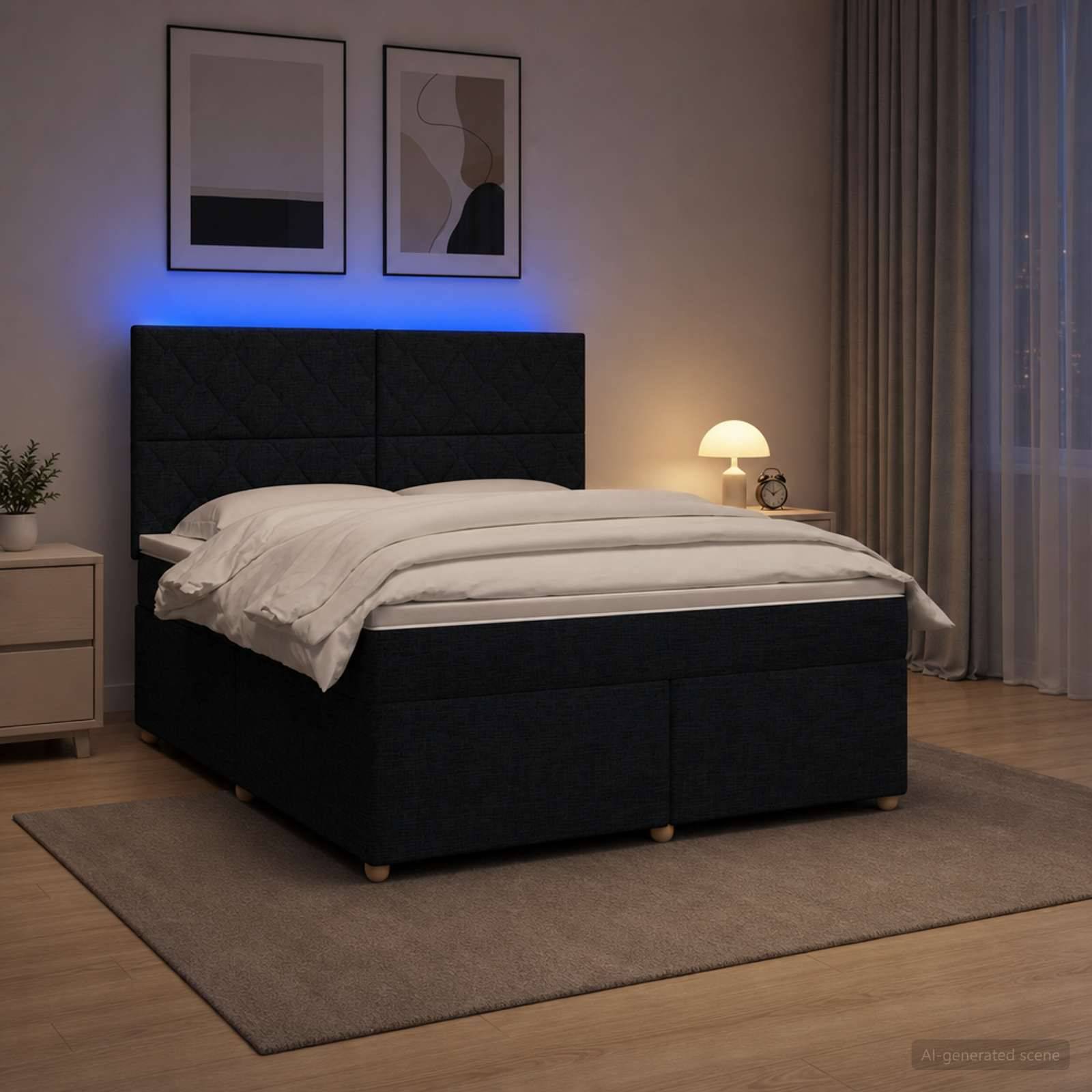 Modernes Schlafzimmer mit einem schwarzen gepolsterten Bett, weißer Bettwäsche, blauem Akzentlicht hinter dem Kopfteil, Nachttischlampe, Bilderrahmen und transparenten Vorhängen.