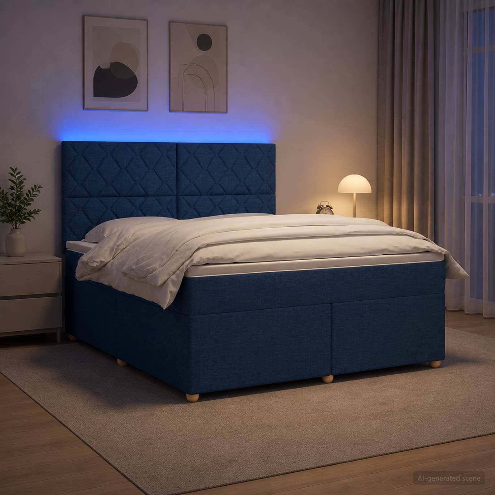 Blau gepolstertes Bett mit weißer Bettwäsche in einem sanft beleuchteten modernen Schlafzimmer mit Nachttisch, Lampe, Wandkunst und Vorhängen.