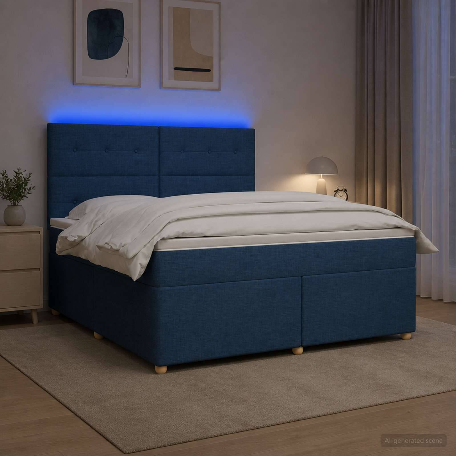 Bett mit blauem Polsterbezug und beleuchtetem Kopfteil, weiße Bettwäsche, Nachttischlampe und gerahmte Wandkunst in einem modernen Schlafzimmer.