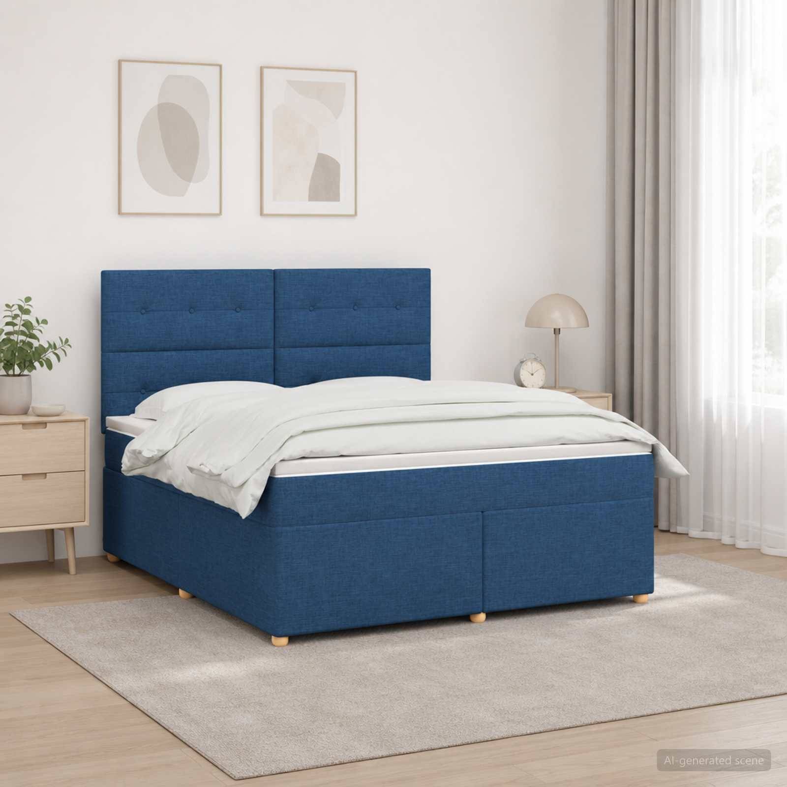 Blaues, gepolstertes Bett mit weißer Bettwäsche in einem hellen, minimalistischen Schlafzimmer neben einem Nachttisch und einer Lampe unter gerahmten Wandbildern.