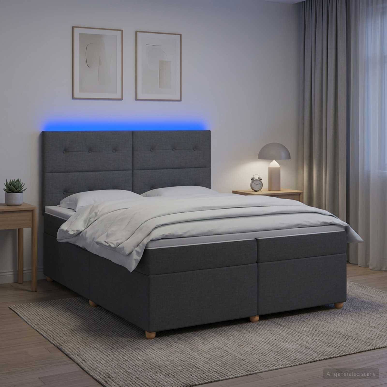 Modernes Schlafzimmer mit einem grau gepolsterten Bett, weißer Bettwäsche, blauer LED-Kopfleuchte, Nachttischen, Lampe und gerahmter Wandkunst.