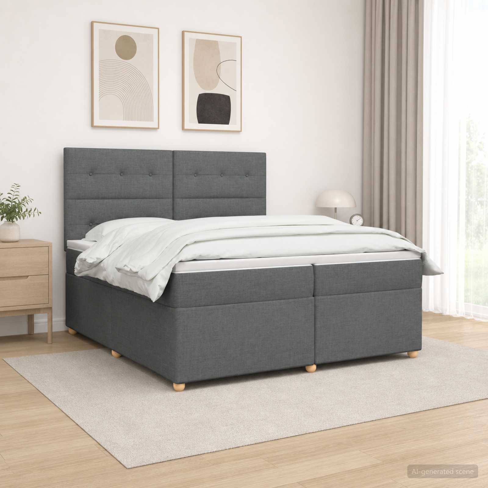 Grau gepolstertes Bett mit weißer Bettwäsche in einem minimalistischen Schlafzimmer, flankiert von einem Nachttisch und einer Lampe, mit abstrakter Wandkunst darüber.