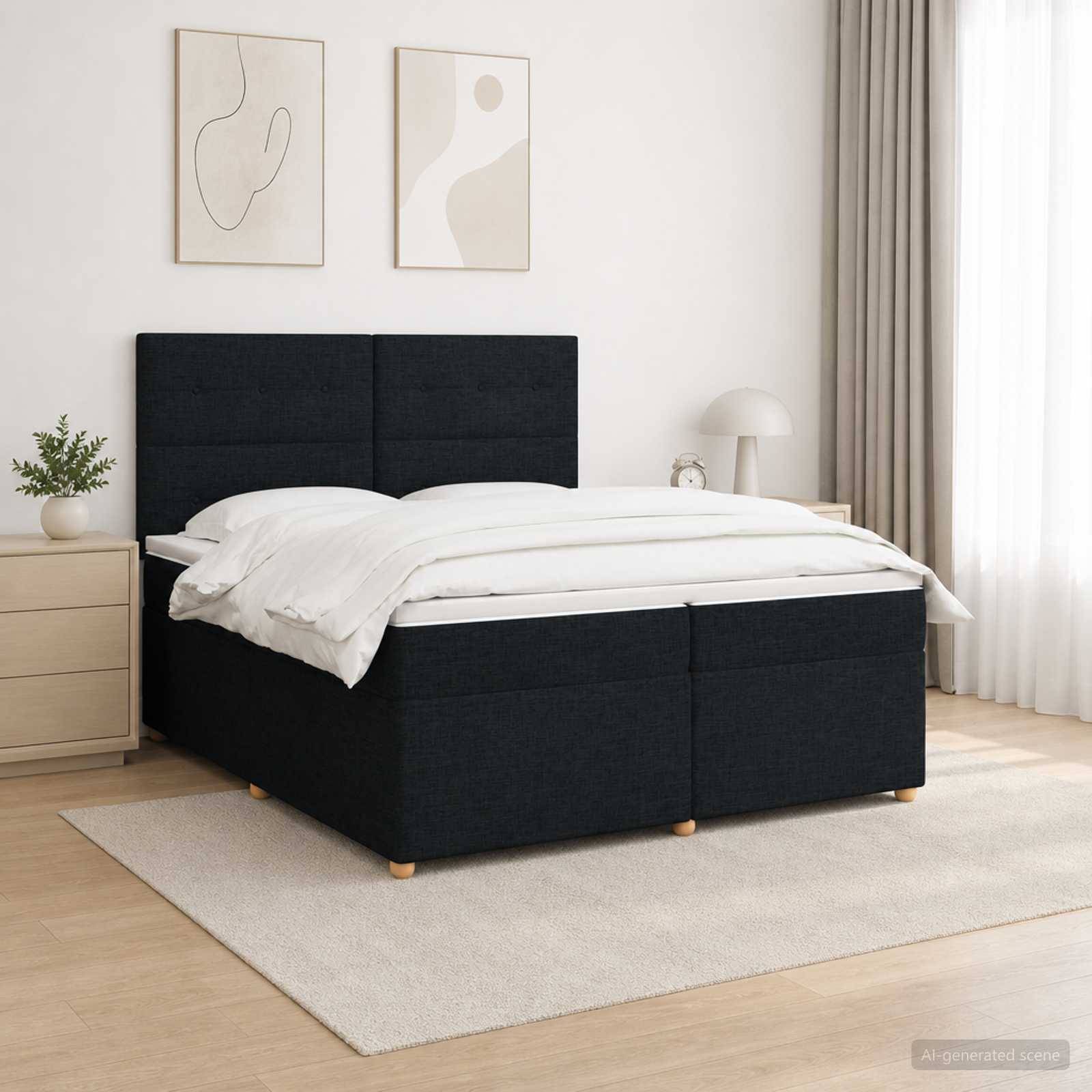 Minimalistisches Schlafzimmer mit einem schwarzen gepolsterten Bett, weißer Bettwäsche, Nachttischen, gerahmten Wandkunstwerken und einem hellen Teppich in einem hellen, neutralen Raum.