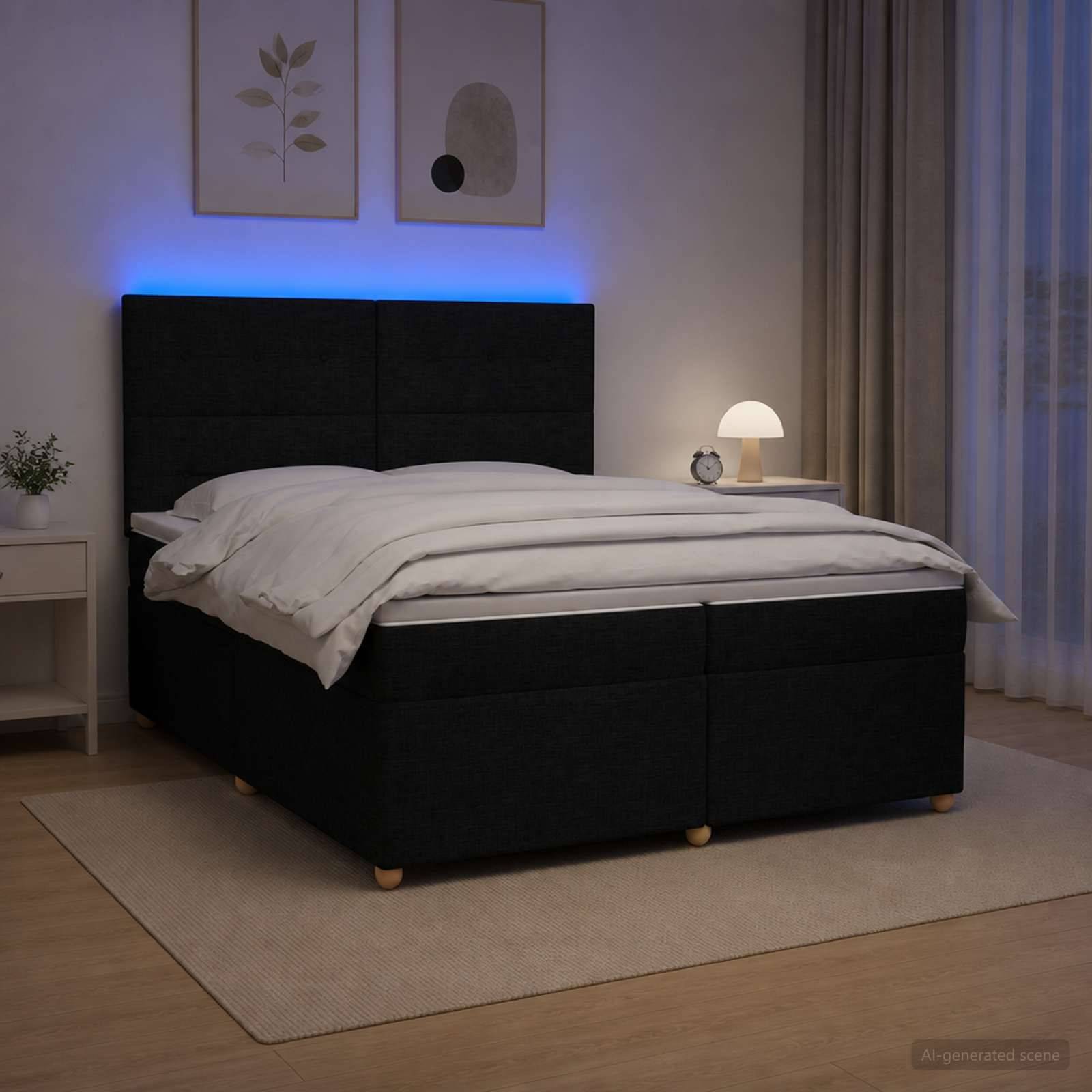 Modernes Schlafzimmer mit einem schwarz gepolsterten Bett, das von einer blauen LED-Kopfleiste beleuchtet wird, weißer Bettwäsche, Nachttischlampe, gerahmten Wandbildern und transparenten Vorhängen.