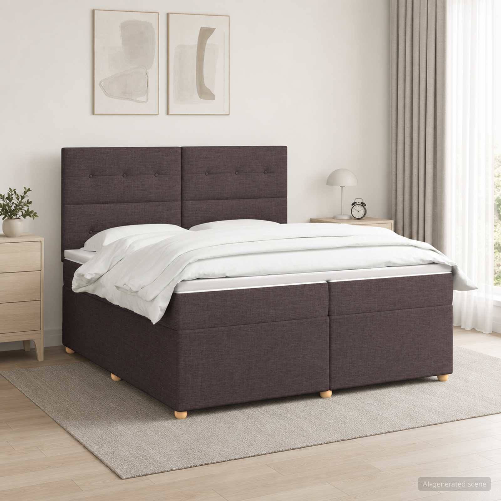 Dunkles, gepolstertes Bett mit gepolstertem Kopfteil und weißer Bettwäsche in einem hellen, minimalistischen Schlafzimmer mit Nachttischen, Lampe und Wandkunst.