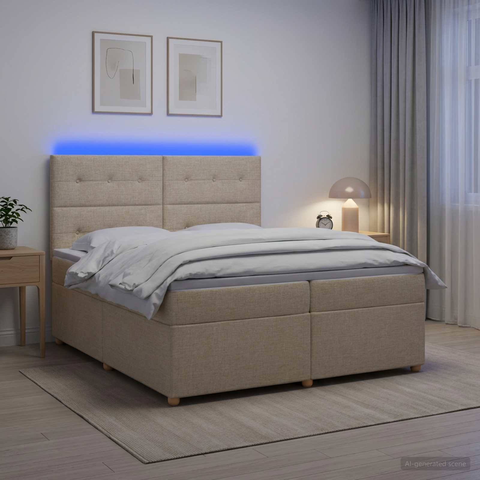Modernes beige gepolstertes Bett mit blaubeleuchteter Kopfstütze in einem minimalistischen Schlafzimmer, dargestellt mit Nachttisch, Lampe, Teppich und Vorhängen.